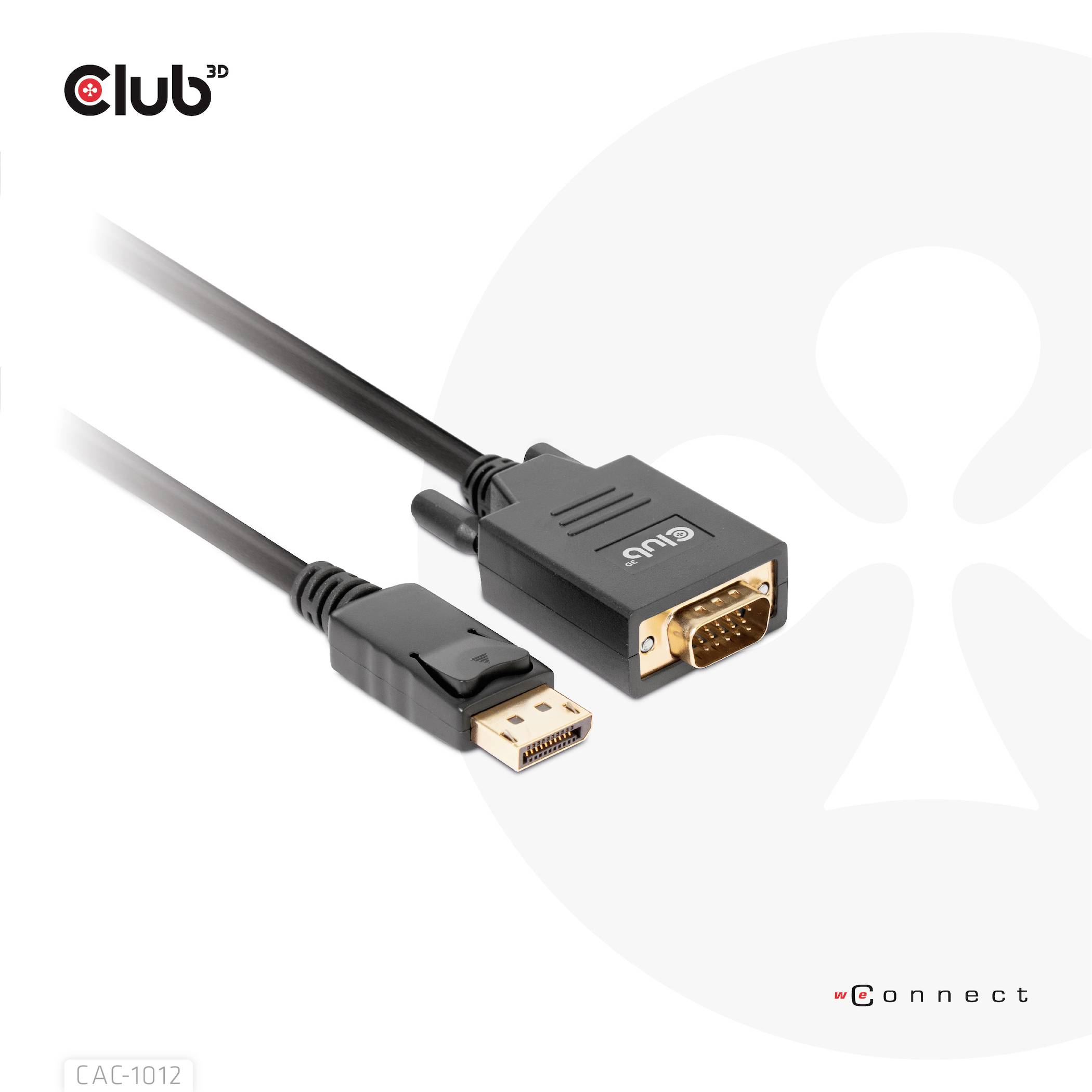 Adaptér z DisplayPortu na VGA s černým kabelem a konektory. Konektory na obou koncích. Text na konektoru: 'Club'.