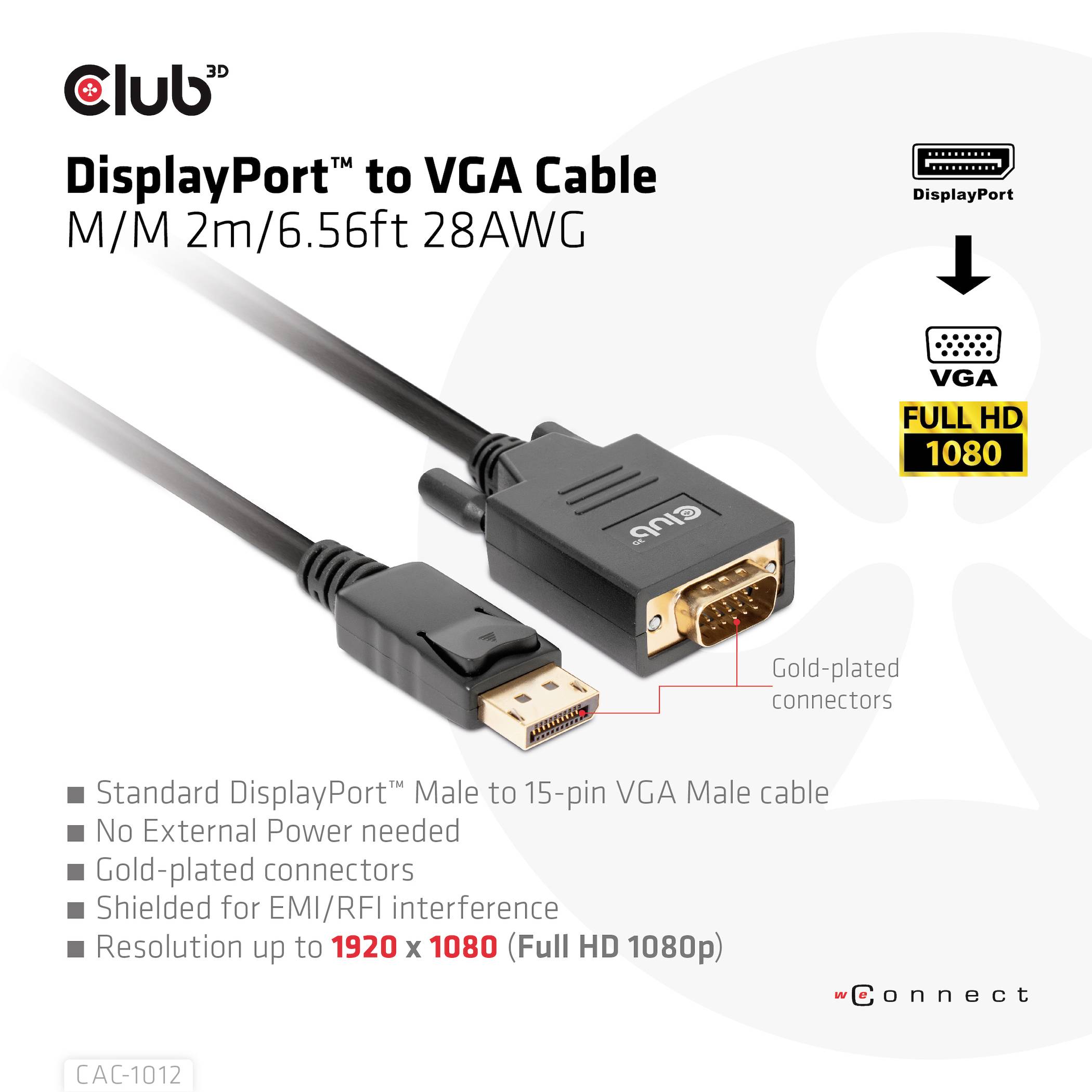 DisplayPort na VGA kabel, 2m, podporuje rozlišení 1920x1080, plně kovové konektory, nevyžaduje externí napájení, stínění proti elektromagnetickému a rádiovému rušení.