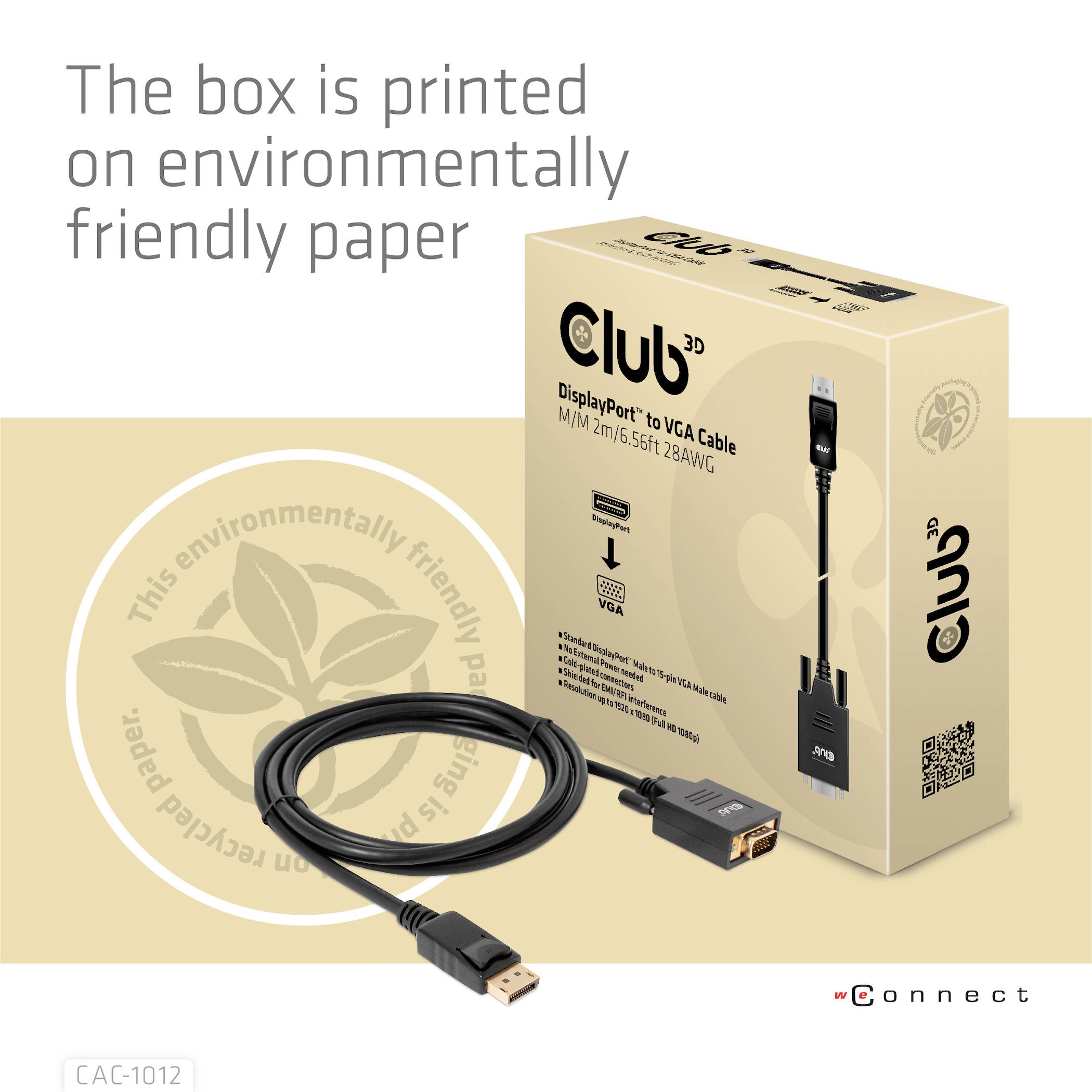 Obal produktu 'Club 3D DisplayPort 1.2 na VGA kabel' na ekologickém papíře. Kabel a produktové informace jsou viditelné.