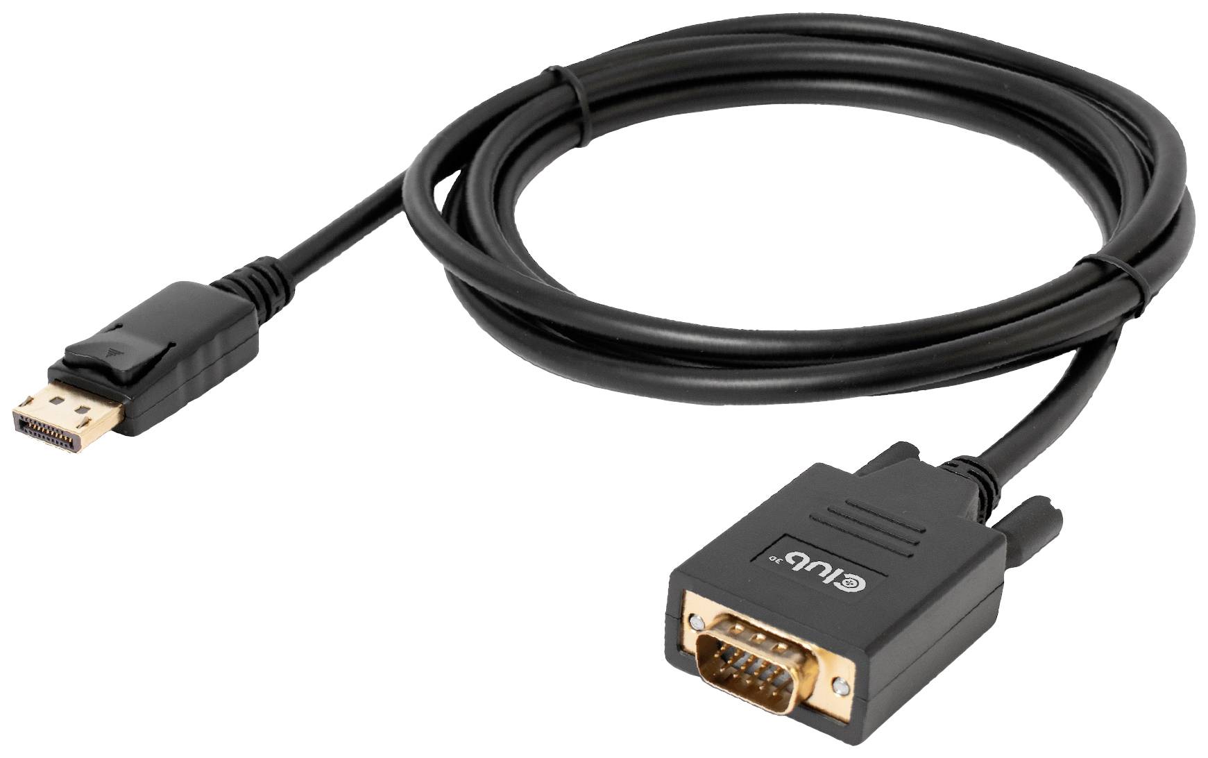 Černý VGA-DisplayPort kabel, zobrazující konektory na obou koncích.