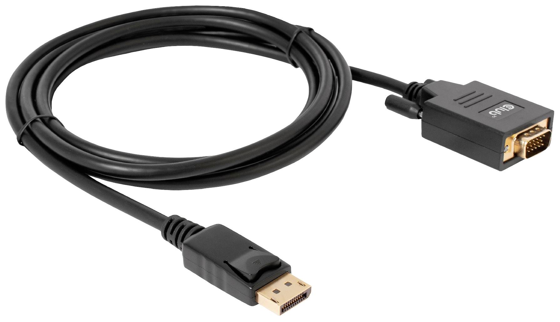 Černý DisplayPort-VGA kabel pro připojení počítače k monitoru, přibližně 1 metr dlouhý, s pozlacenými konektory.