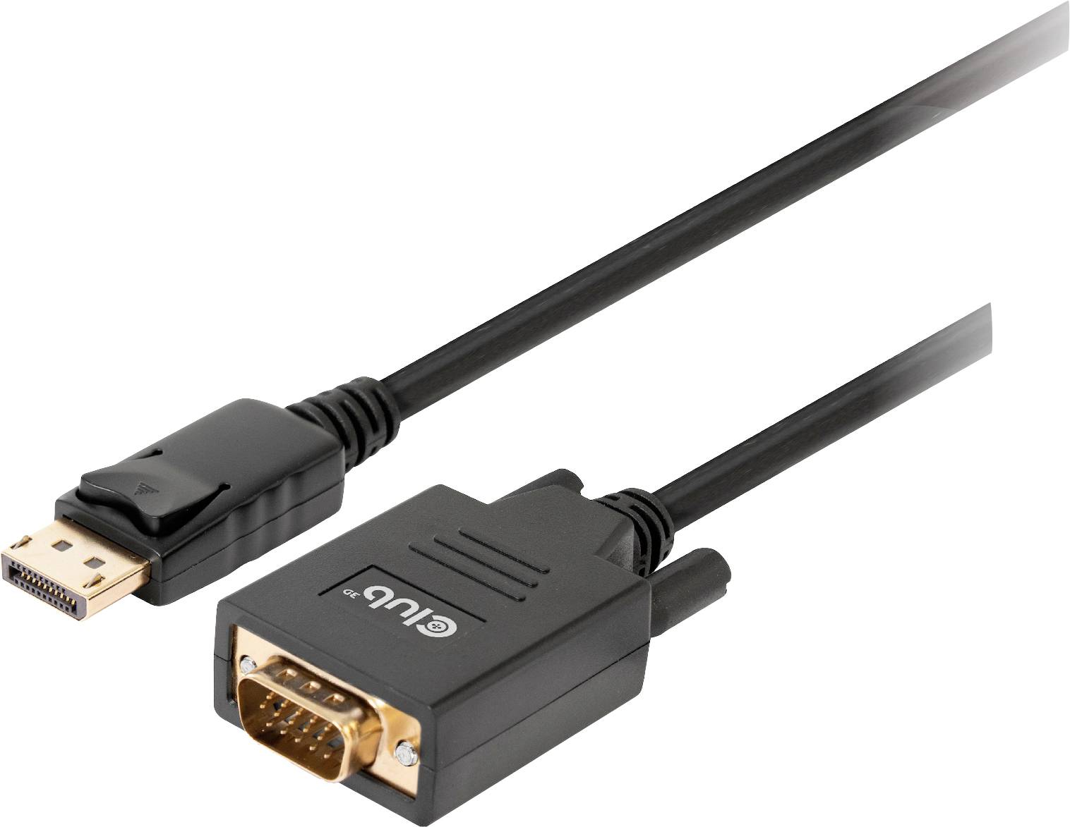 Adaptér z DisplayPortu na VGA, který převádí digitální signály na analogové. Zobrazuje zástrčku DisplayPortu a zástrčku VGA.