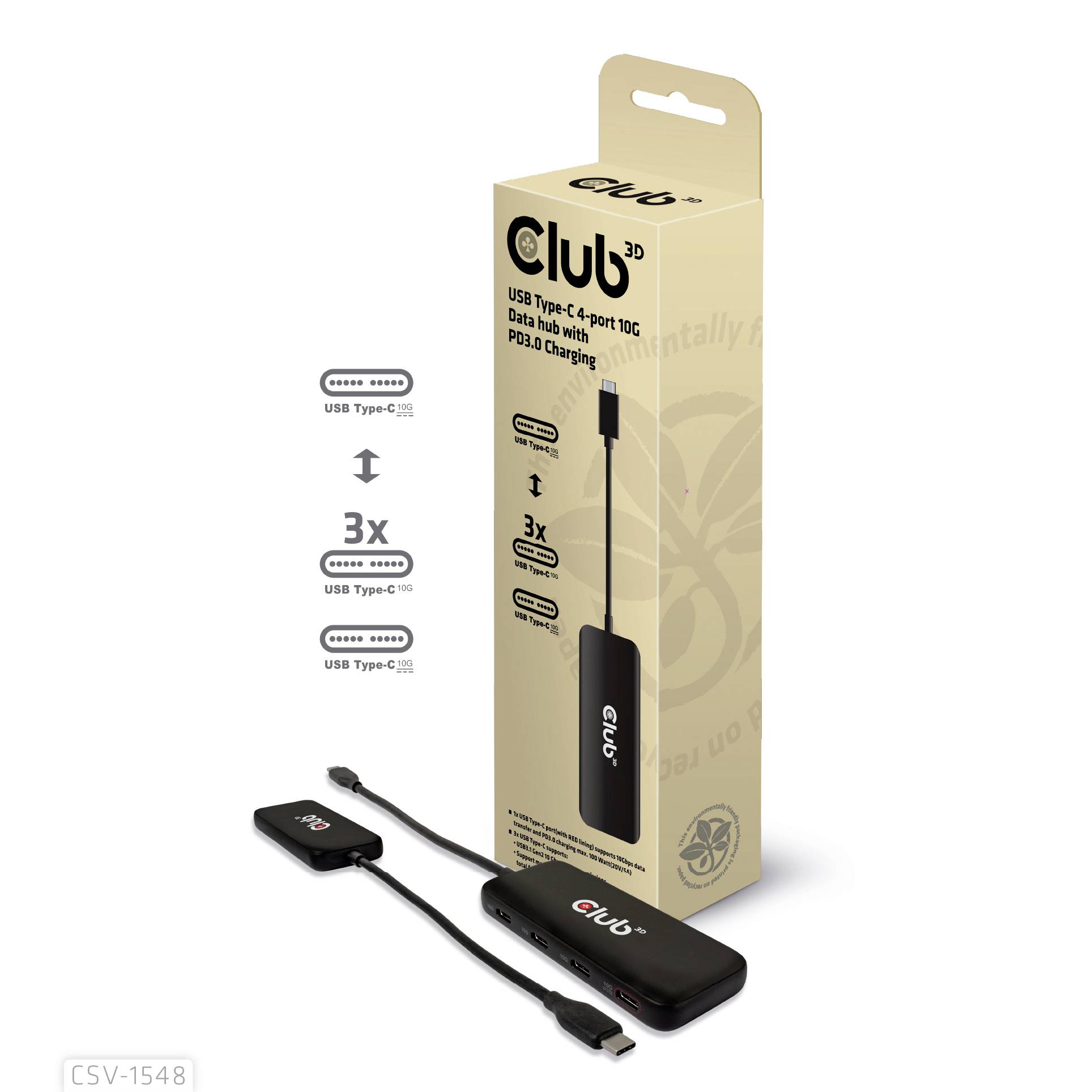 Rozbočovač Club 3D USB Typ-C se 4 porty a nabíjecí funkcí USB PD 3.0, zobrazující USB hub, jeho konektory a balení.