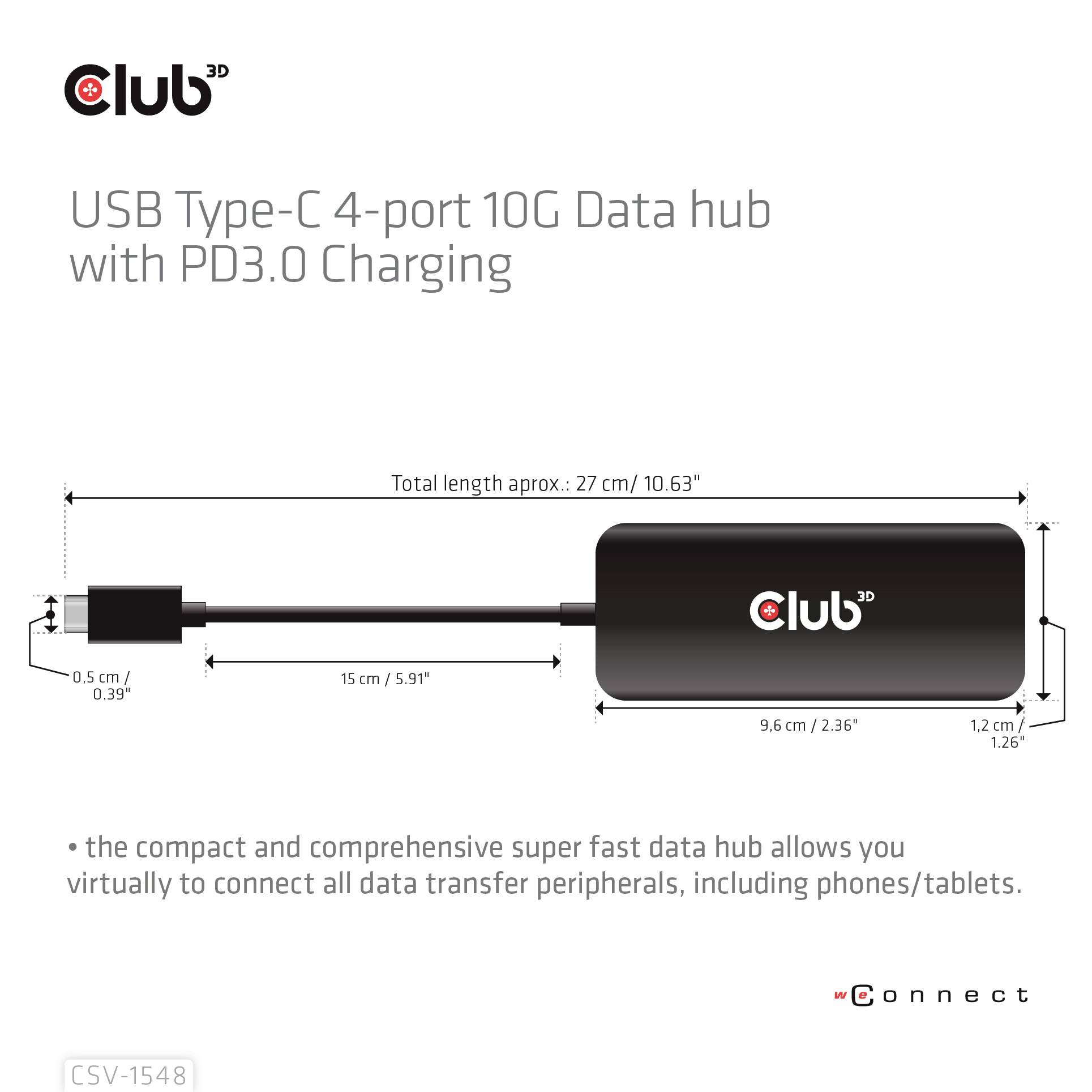 USB Type-C rozbočovač se 4 porty 10G s nabíjením PD3.0. Obrázek zobrazuje rozměry: celková délka 27 cm, včetně adaptéru.