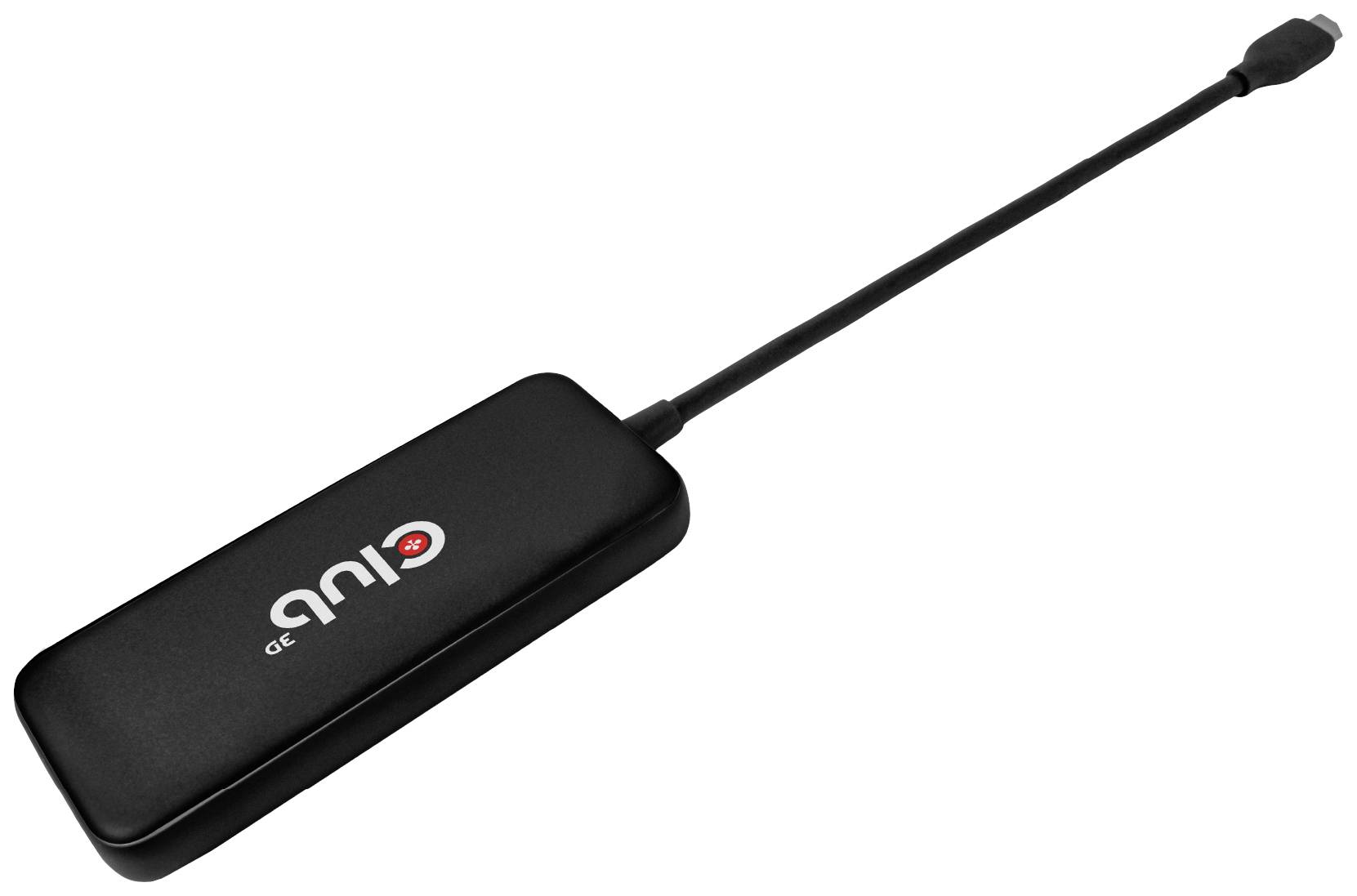 Externí černý pevný disk s USB kabelem na bílém pozadí.