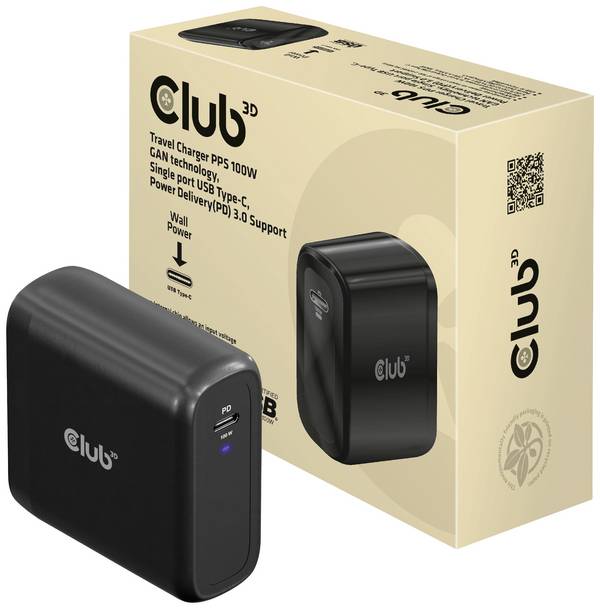club3D CAC-1908 napájecí adaptér k notebooku, GaN, USB Power Delivery (USB-PD) , 1x USB-C®, 100 W, černá