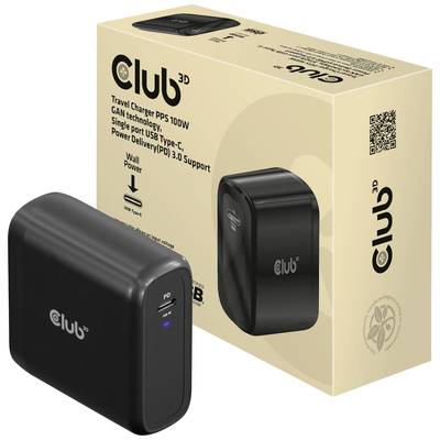 Černá USB-C GaN cestovní nabíječka Club3D 100W vedle své béžové krabičky s nápisem 'Travel Charger GaN technology'.