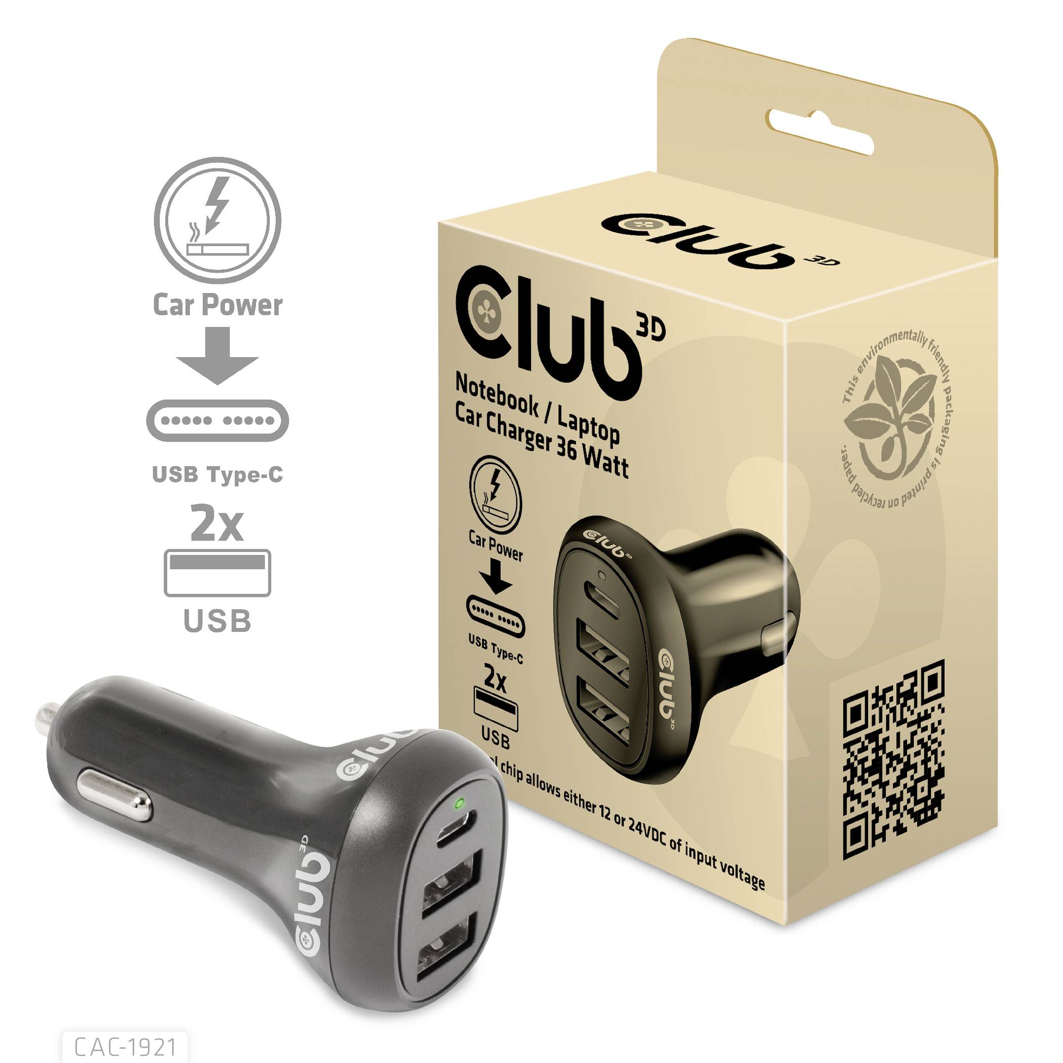 Autonabíječka se dvěma USB porty, vhodná pro vstupní napětí 12-24V. Balení zobrazuje produkt a zdůrazňuje výkon 36 wattů.
