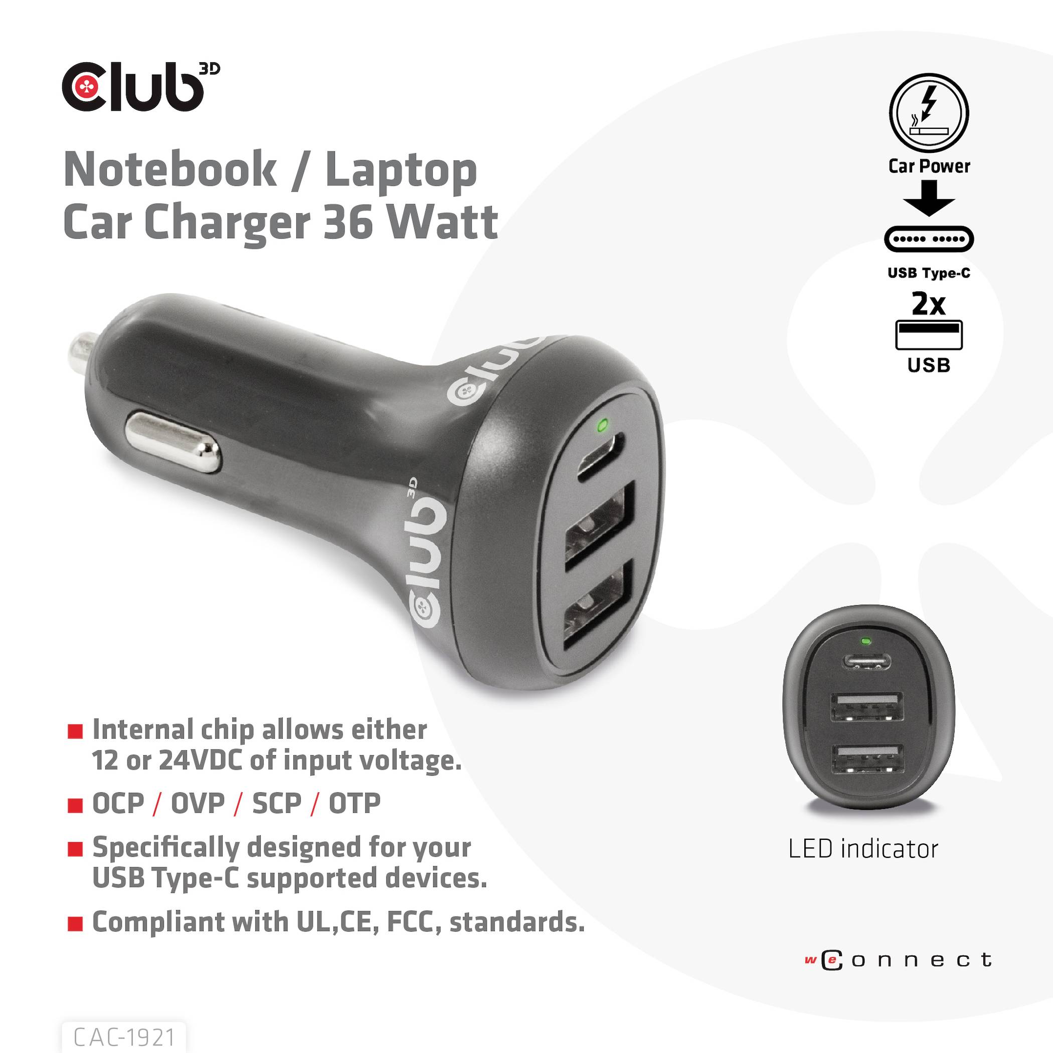 Autoadaptér Club 3D pro notebook/laptop 36 wattů s USB-C konektory. LED indikace. Vhodný pro standardy UL, CE, FCC.