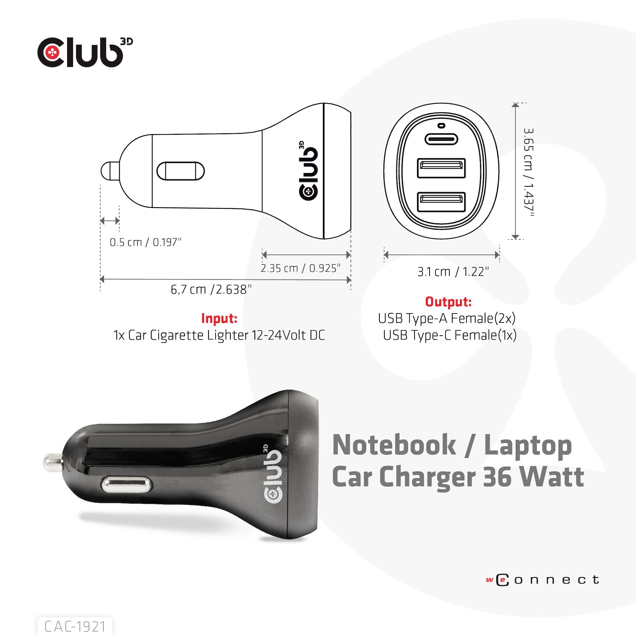 Nabíječka do auta se dvěma USB porty. Rozměry: 6,67 cm dlouhá. Výstupy: USB typ A (2x), USB typ C (1x). Nabíječka pro notebook/laptop, 36 wattů.