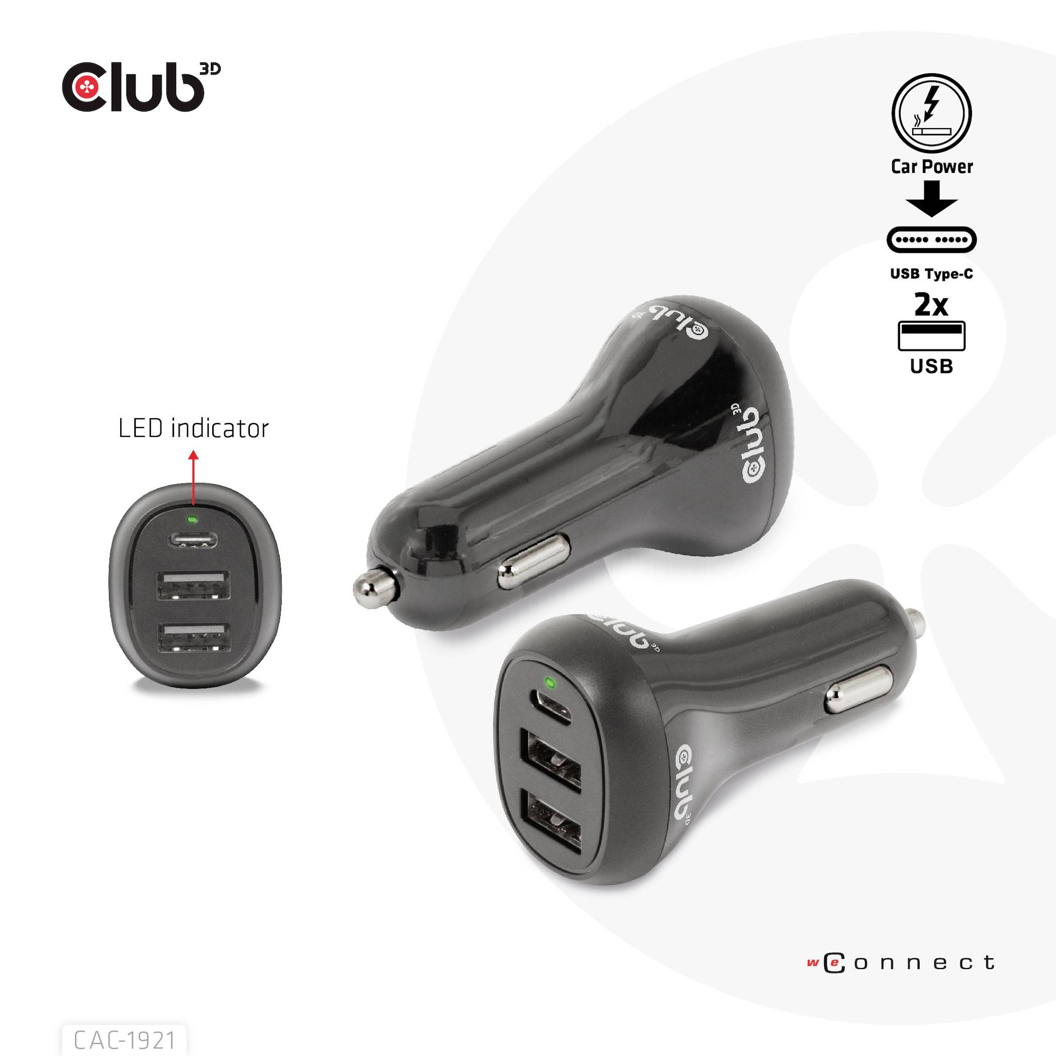 Černá USB autonabíječka se třemi porty, včetně USB typ C a LED indikátoru.