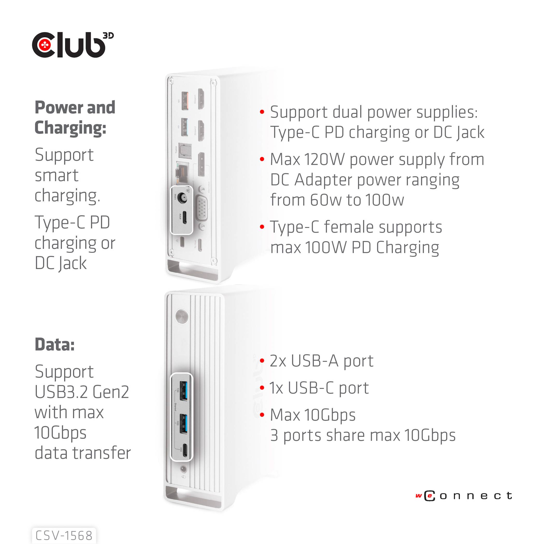 Zobrazení produktu USB-C dokovací stanice. Detaily: Duální napájení, USB-C a DC jack, maximální výkon 120W, různé porty pro přenos dat.