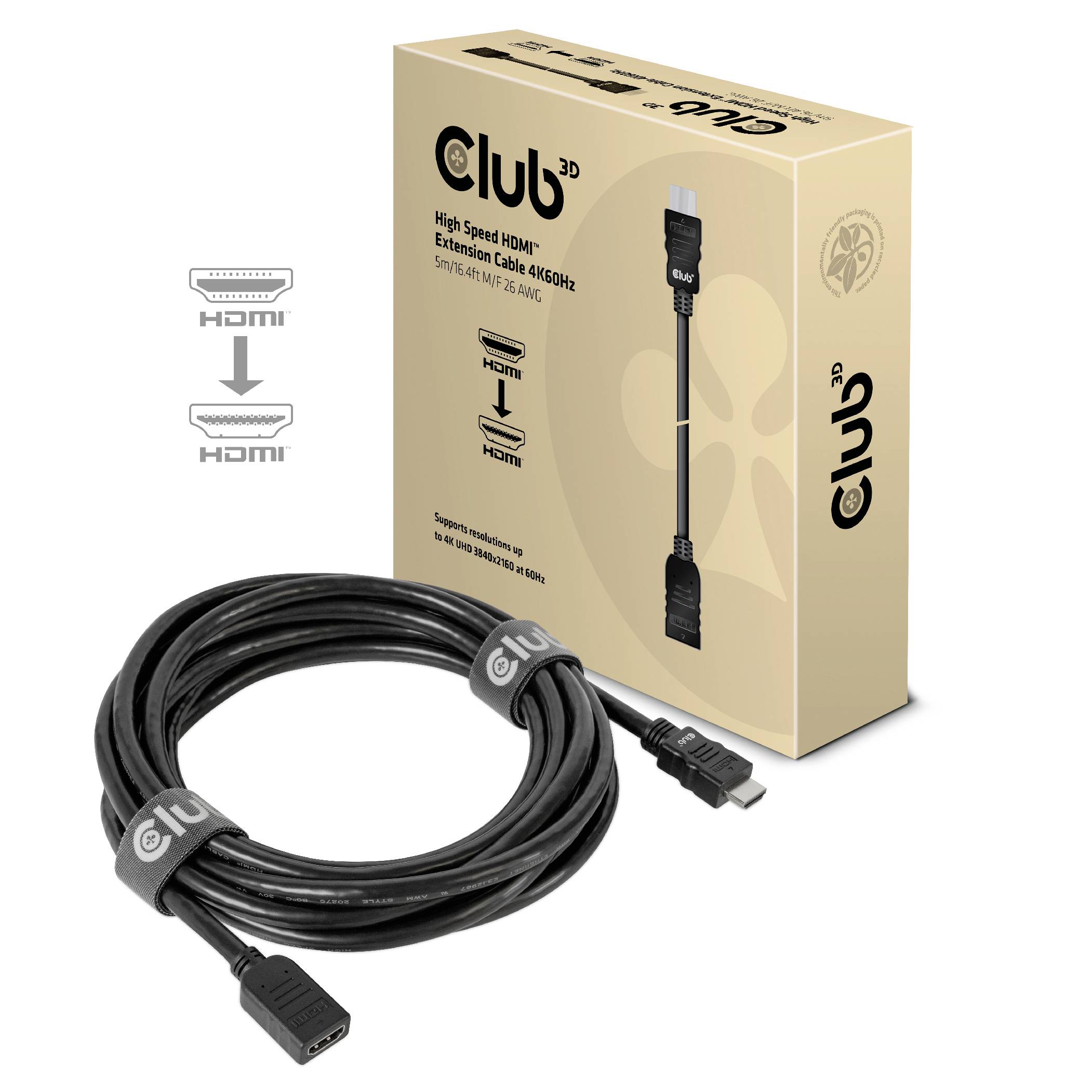 Kabel 'Club 3D High Speed HDMI Extension Cable' na obrázku. Kabel se dvěma HDMI konektory, zobrazen vedle produktového obalu. Ideální pro přenosy v rozlišení 4K60Hz.