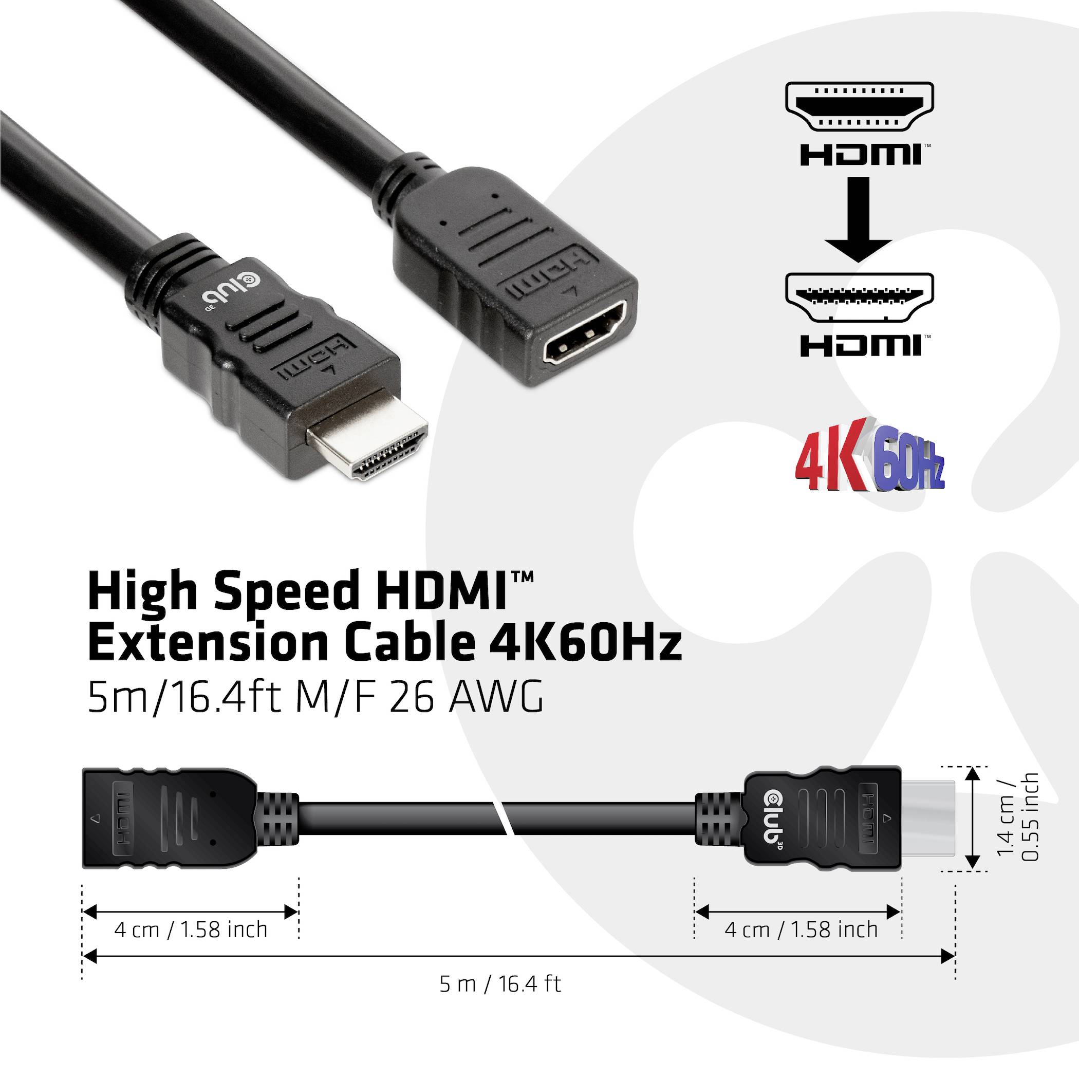 HDMI prodlužovací kabel 5 m, vysokorychlostní, 4K při 60 Hz, samec/samice, 26 AWG. Jasně znázorněno s obrázkem kabelu.