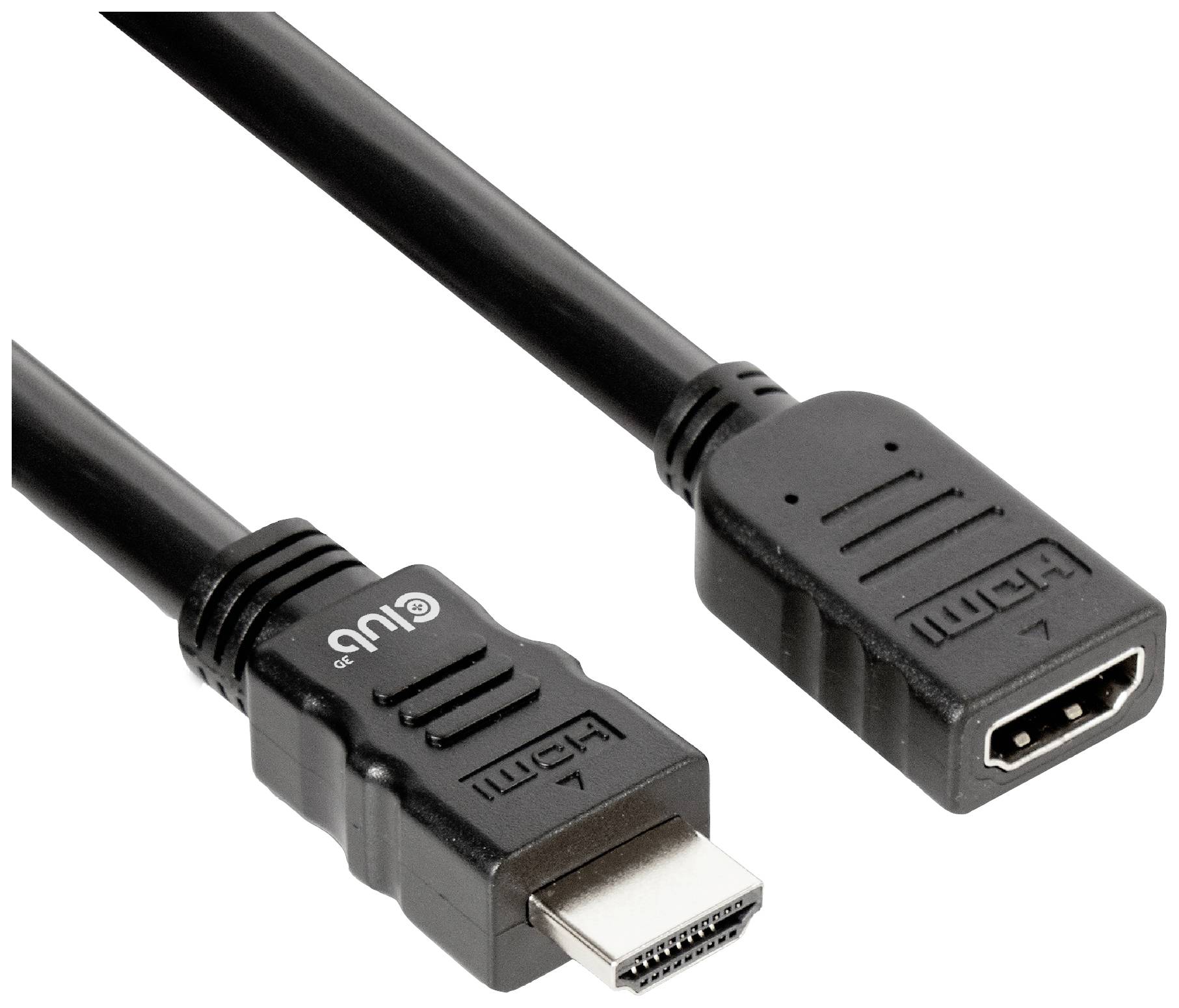 Černý HDMI kabel s mužským a ženským konektorem.