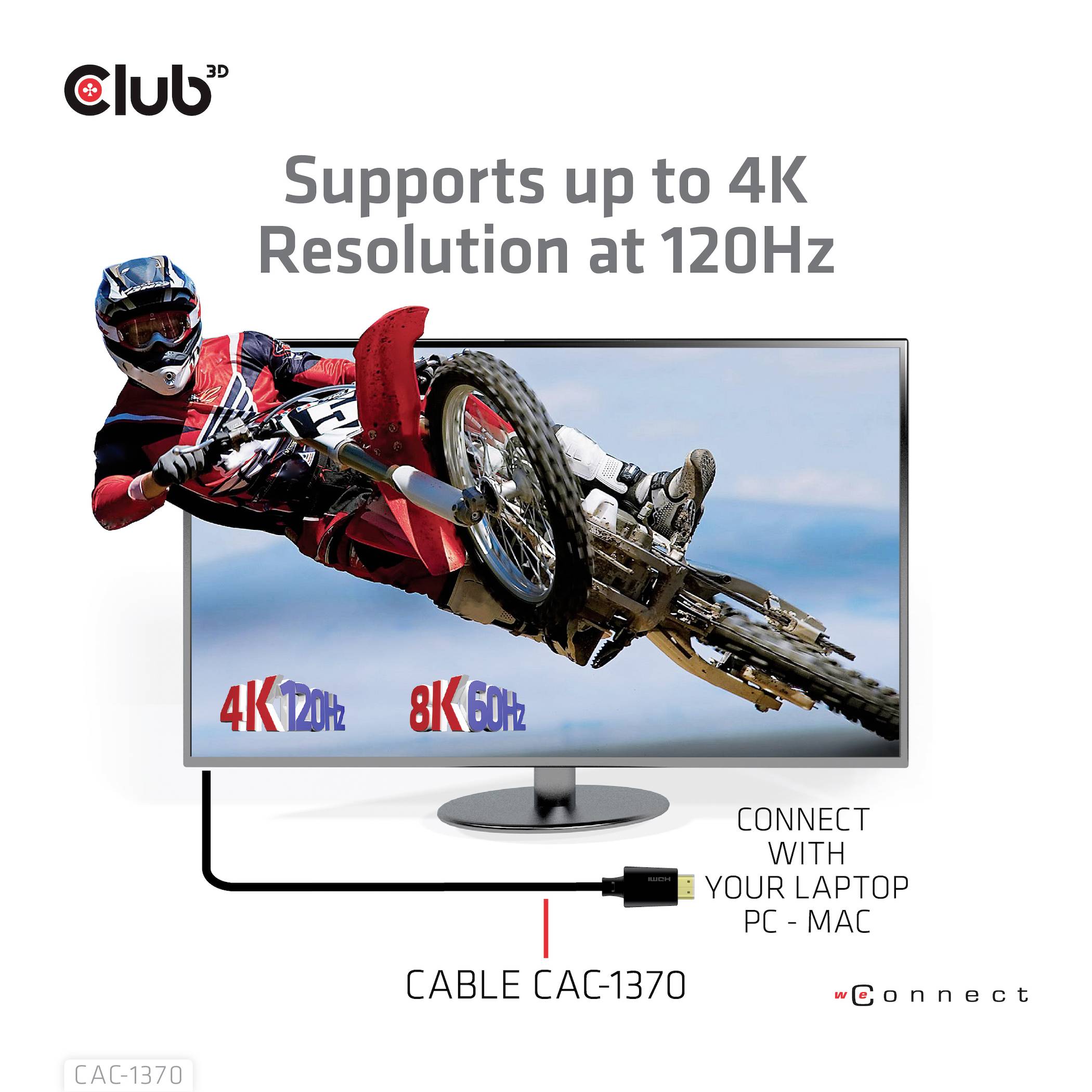 Monitor zobrazuje motokrosového jezdce ve vzduchu. Text: Podpora až 4K rozlišení při 120 Hz. Kabel CAC-1370, připojení s notebookem možné.