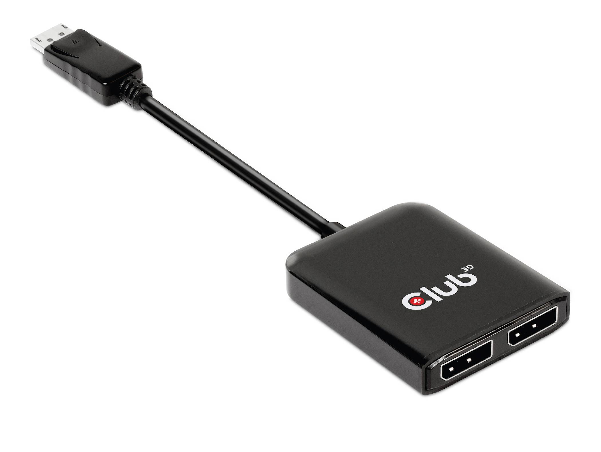 Černý DisplayPort adaptér od 'Club3D' se dvěma výstupy a kabelovým připojením, vhodný pro monitory nebo projektory.