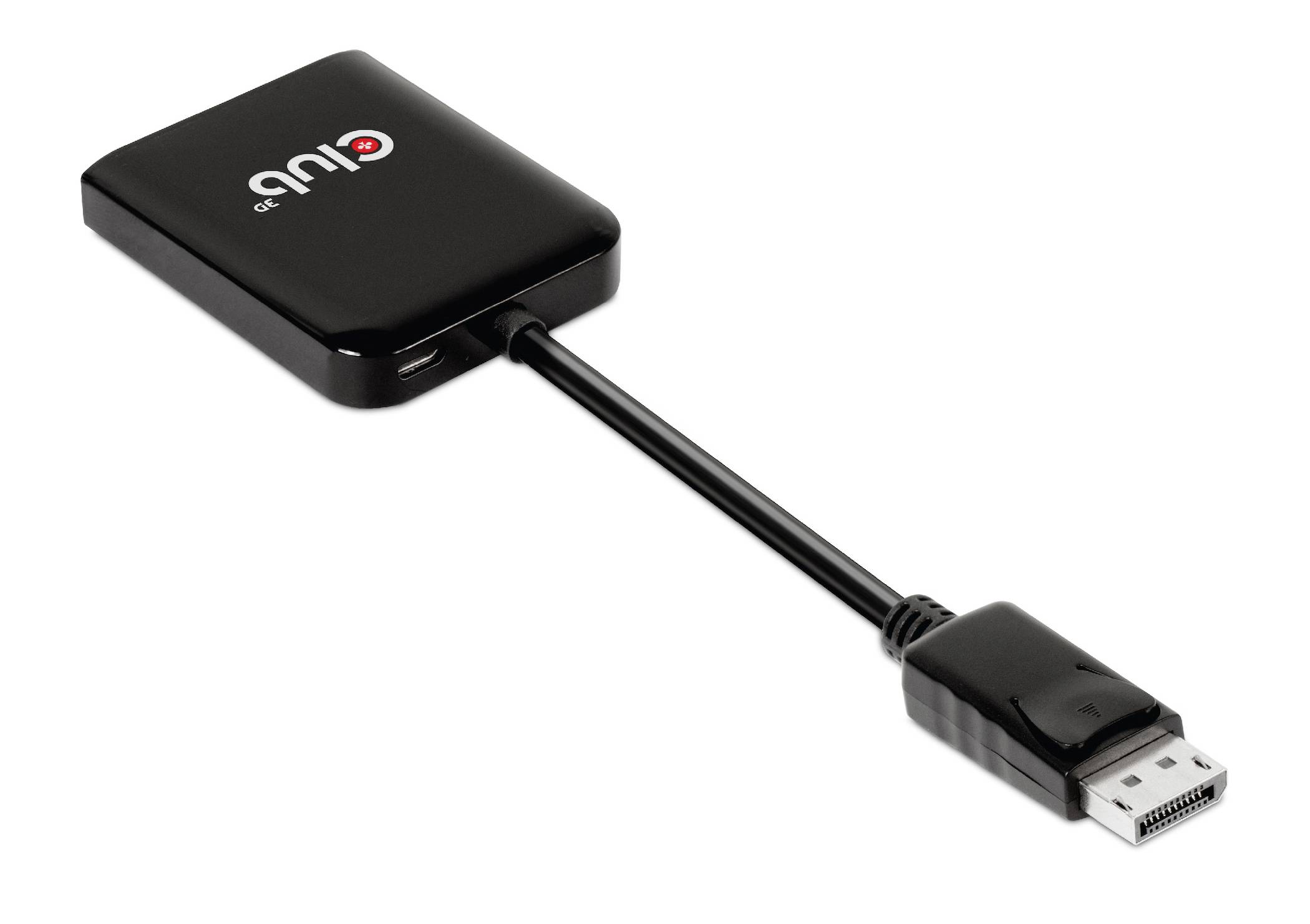 Černý adaptér s konektorem DisplayPort a vstupem HDMI. Vhodný pro připojení počítačů k monitorům.