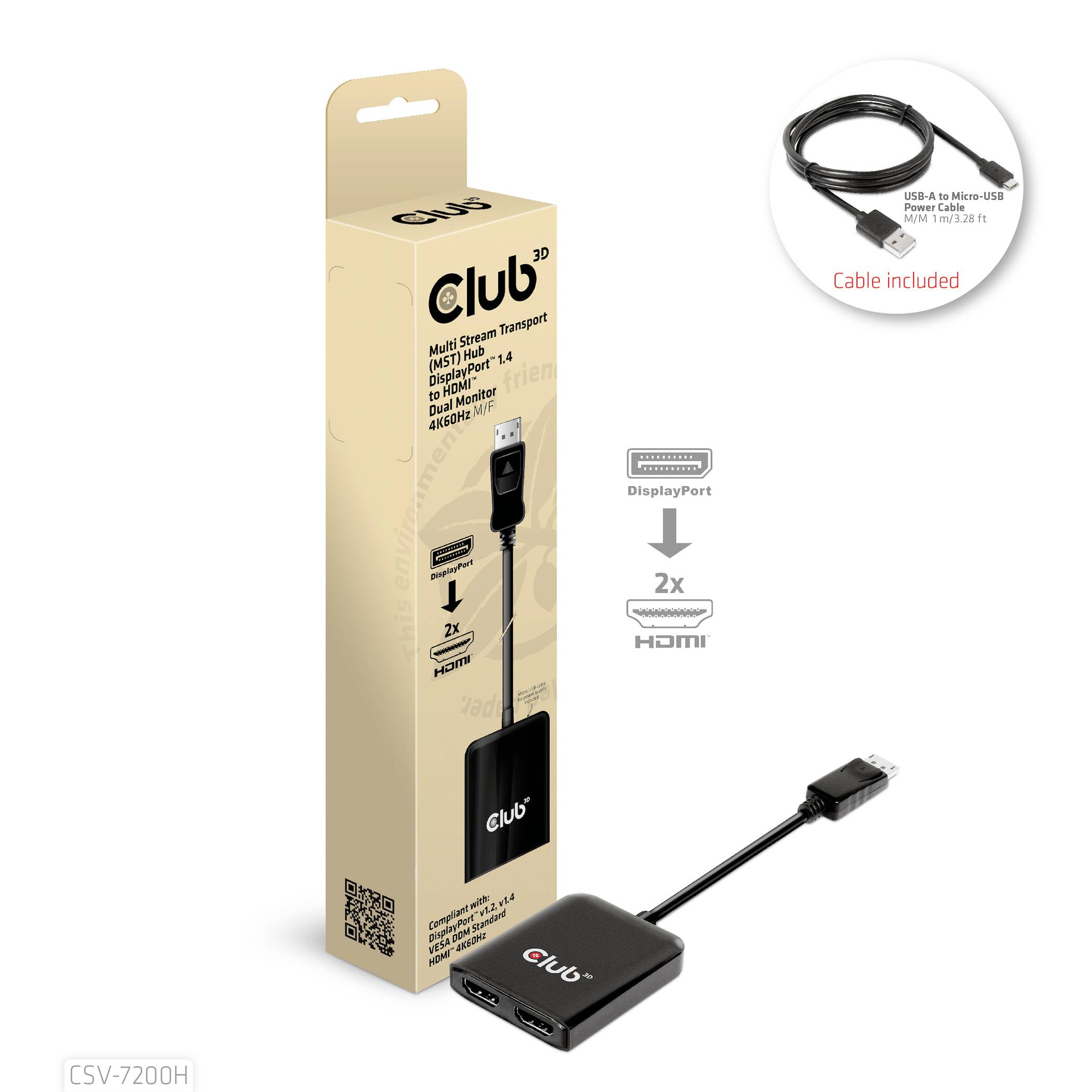 Balení adaptéru pro vícenásobný přenos signálu s konektorem DisplayPort a dvěma HDMI porty, včetně USB kabelu.