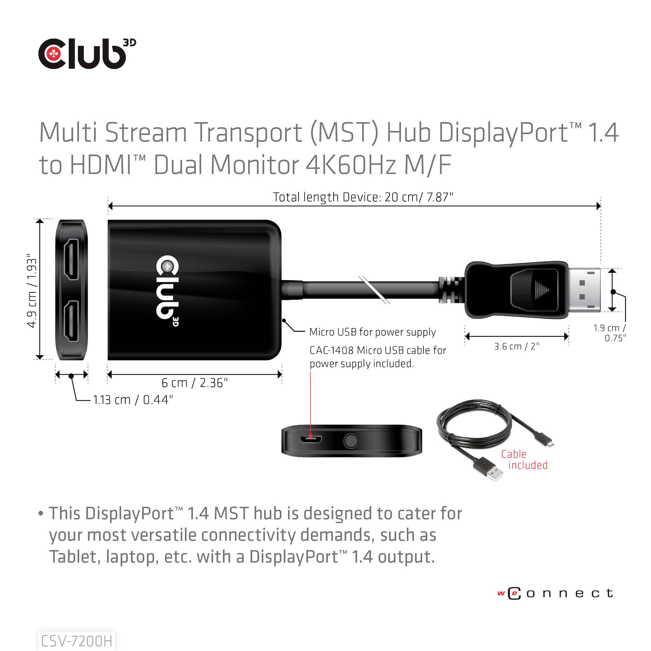 Adaptér Club 3D MST-Hub DisplayPort 1.4 na HDMI podporuje dva monitory s rozlišením 4K60Hz. Obsahuje USB kabel pro napájení.
