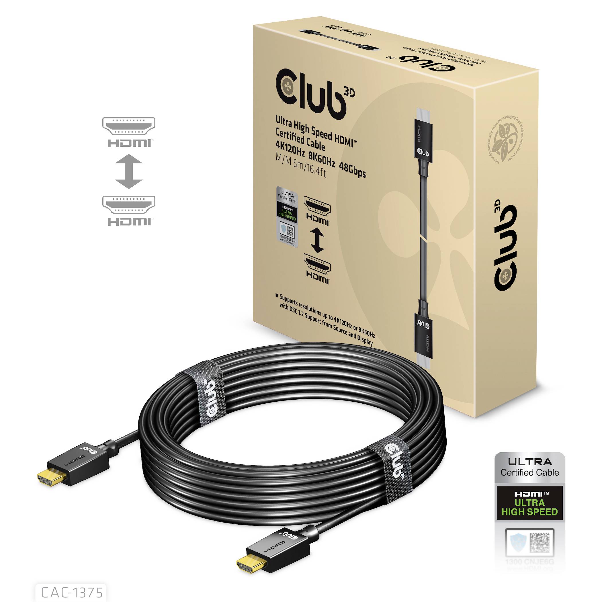 HDMI kabel od Club3D, obklopený obalem zobrazujícím "Ultra High Speed HDMI kabel". Podporuje 48Gbps, 8K/60Hz, 4K/120Hz.