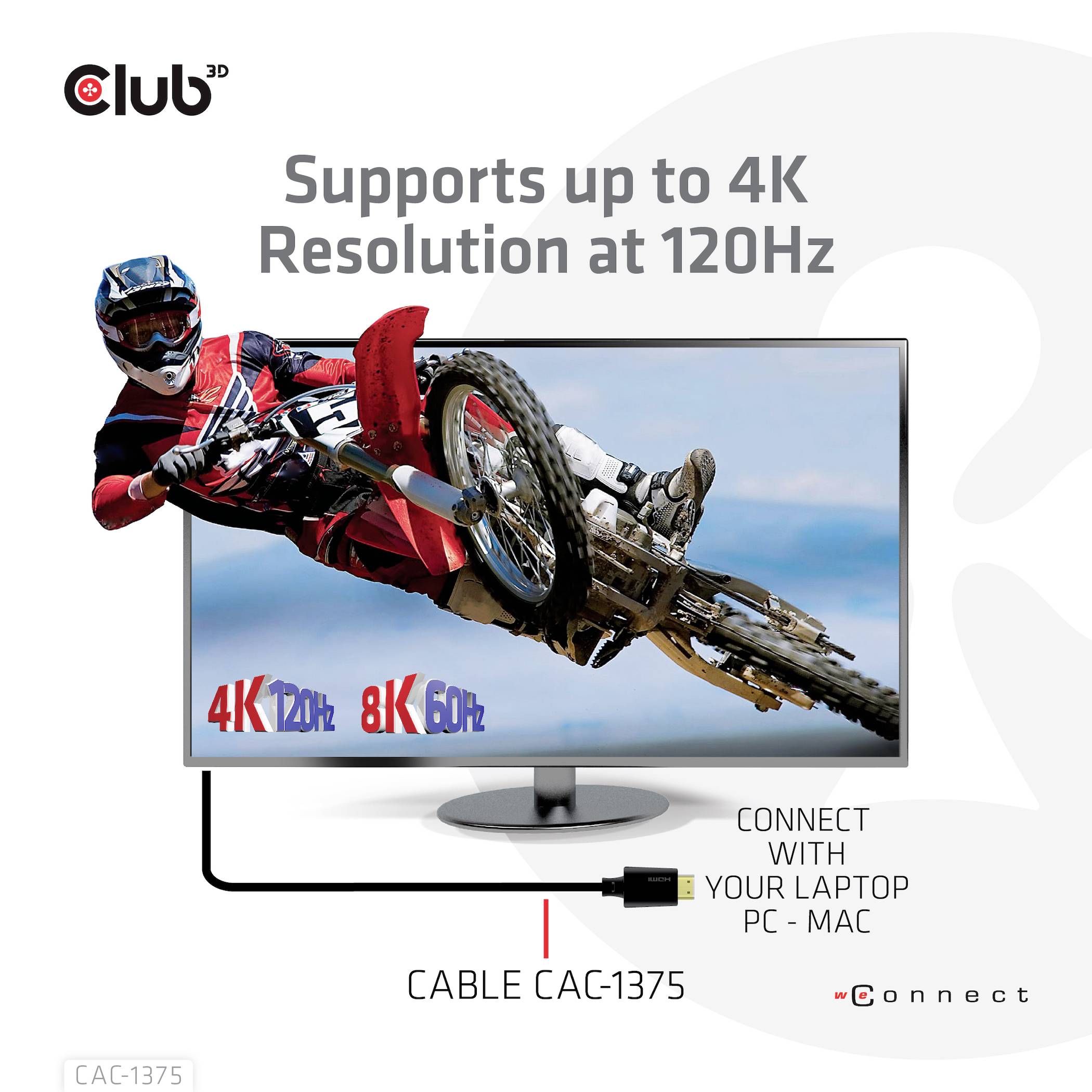 Monitor zobrazuje obraz motokrosového jezdce ve vzduchu. Text uvádí, že podporuje 4K při 120 Hz. Kabel CAC-1375 propojuje s notebookem PC nebo Mac.