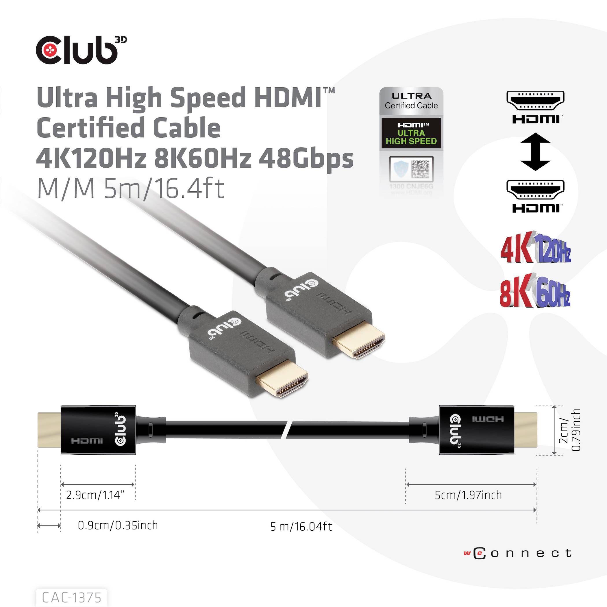 'Kabel Club 3D Ultra High Speed HDMI certifikovaný, 4K120Hz, 8K60Hz, 48Gbps, M/M, 5m/16,4 stop. Kompatibilní s HDMI 2.1, 2.0, 1.4.'
