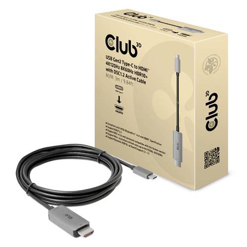 USB-C na HDMI kabel a balení od Club 3D. Kabel nabízí 4K při 120 Hz a podporuje 8K60Hz a HDR10. Délka: 3 metry.