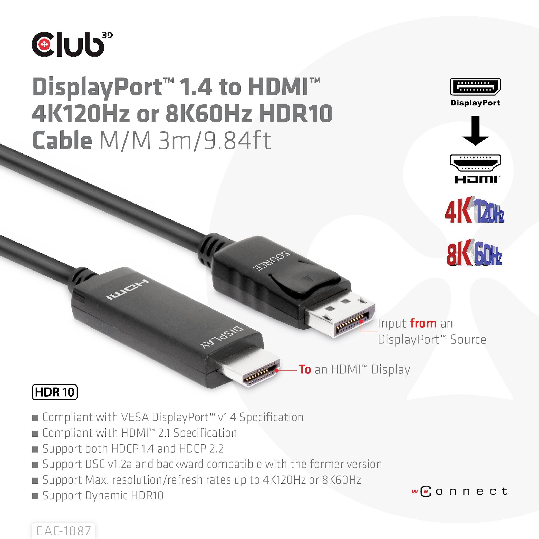 Kabel Club3D DisplayPort 1.4 na HDMI 4K120Hz / 8K60Hz s připojením HDMI a DisplayPort. Podporuje HDR, HDCP 2.2 a dynamické HDR.