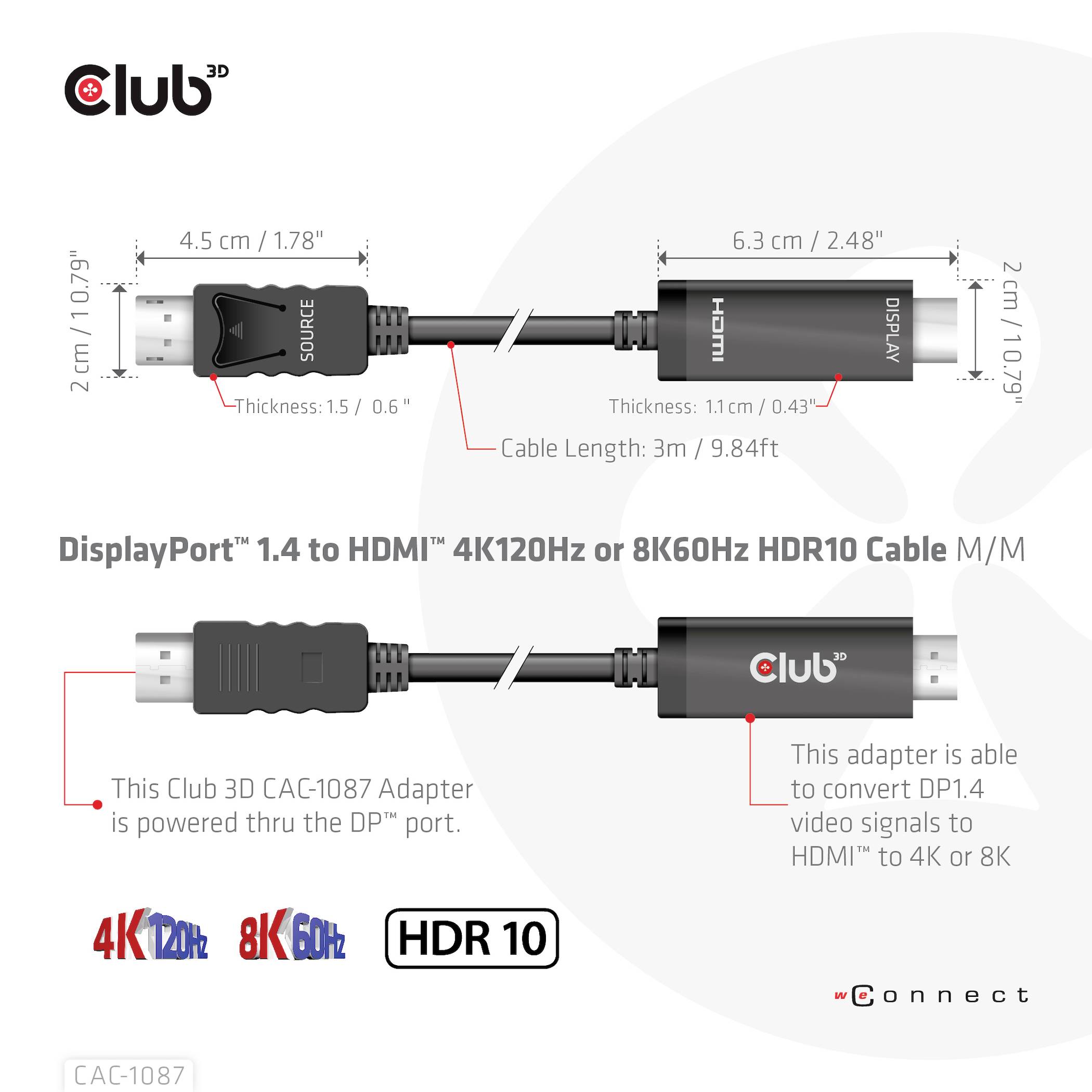 Adaptér DisplayPort 1.4 na HDMI 'Club 3D' pro 4K120Hz nebo 8K60Hz HDR10, kabel pro konverzi videa z DP1.4 na HDMI až do rozlišení 4K nebo 8K.