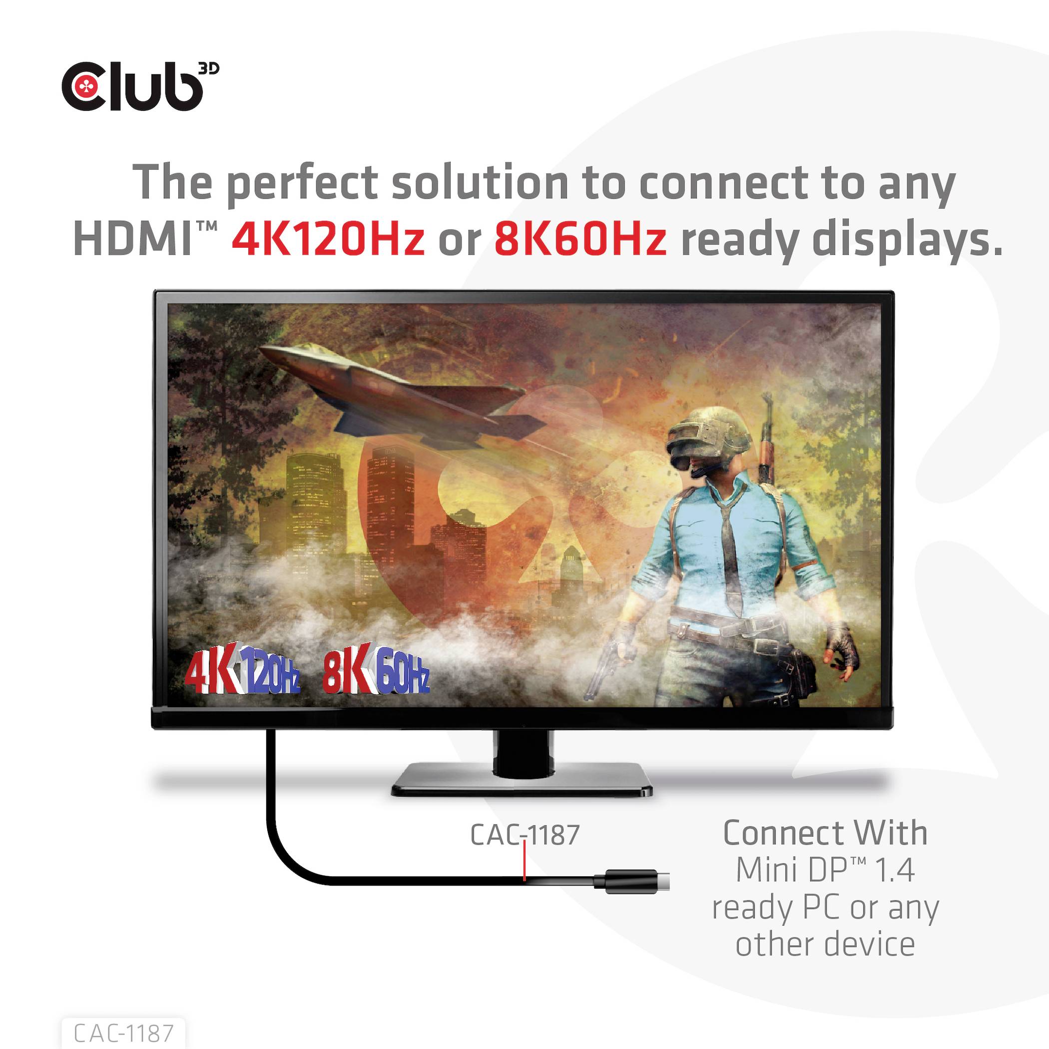 Monitor s HDMI připojením pro displeje s rozlišením 4K120Hz a 8K60Hz. Text: 'Dokonalé řešení pro připojení displejů s rozhraním HDMI'.