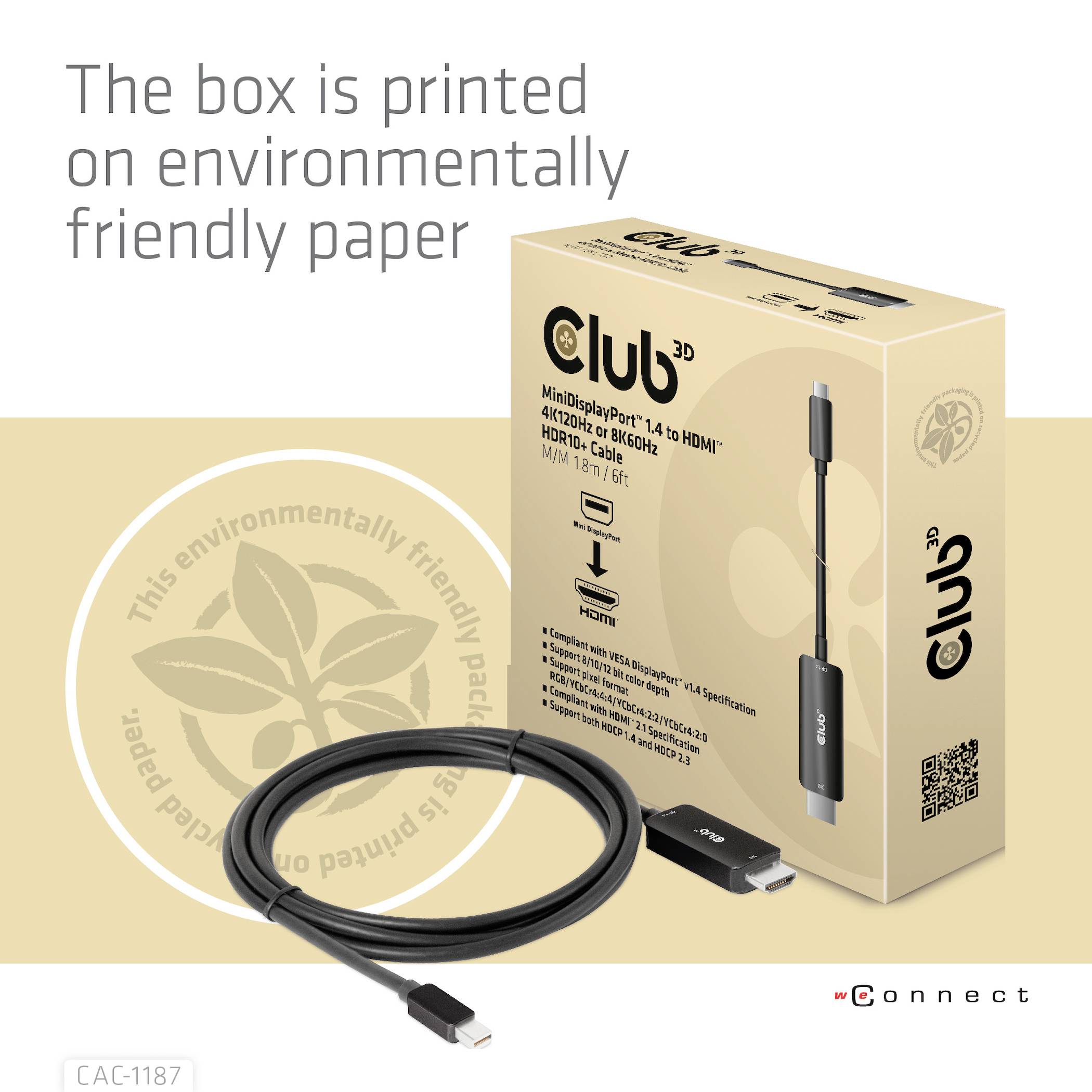 Obal kabelu 'Club 3D' z Mini DisplayPort na HDMI s upozorněním na ekologický papír, vedle viditelný kabel.