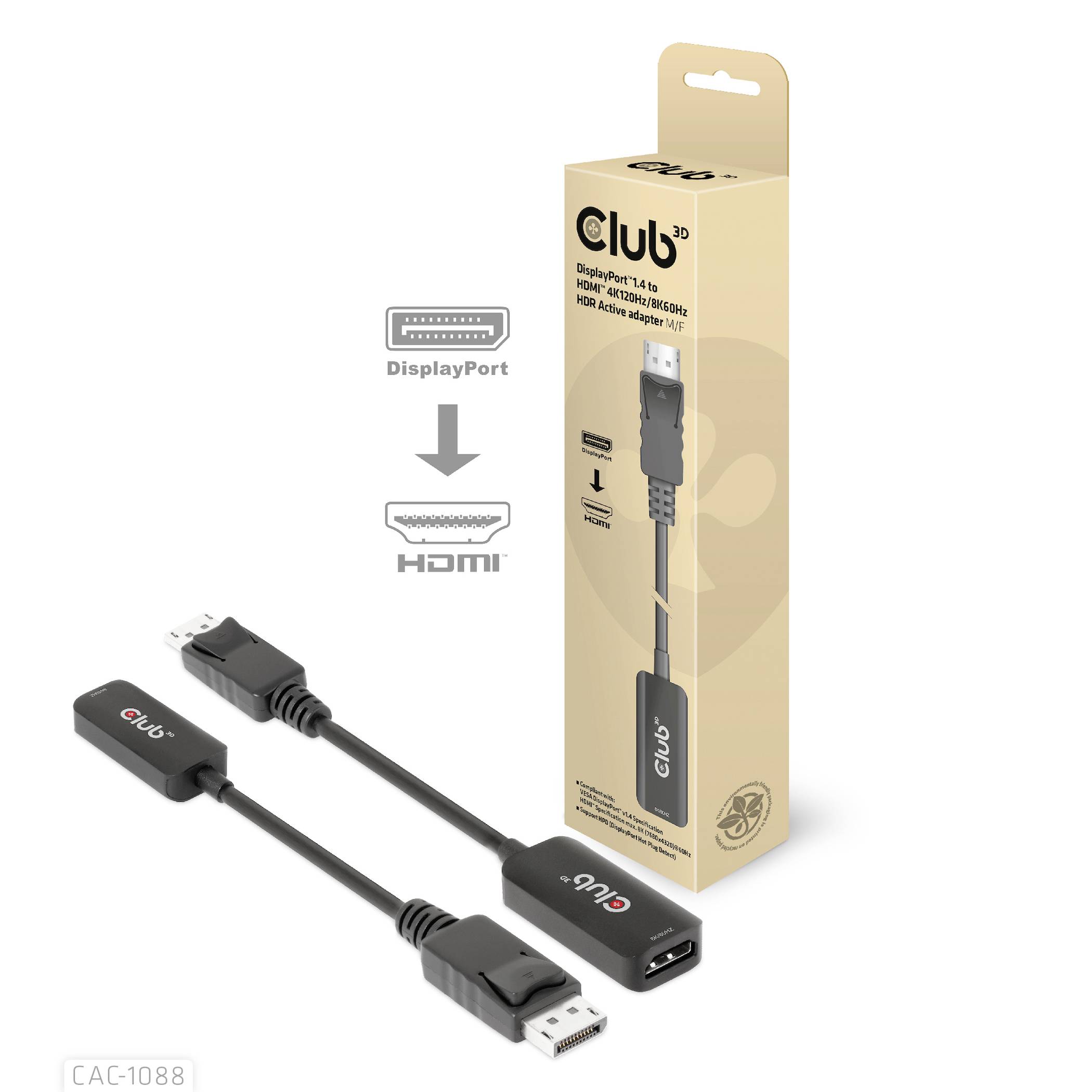 Adaptér DisplayPort 1.4 na HDMI 2.0 od společnosti Club3D, zobrazený s obalem. Propojuje zařízení s různými konektory.