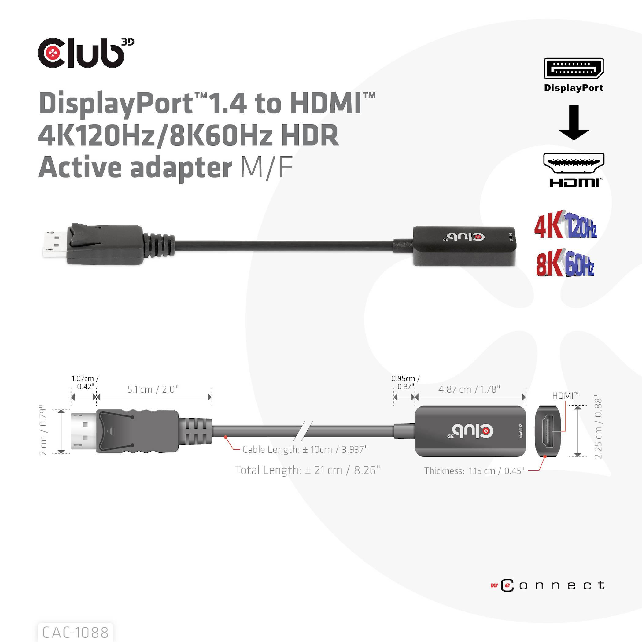 Adaptér 'DisplayPort 1.4 na HDMI' zobrazuje HDMI a DisplayPort konektory. Podporuje videovýstup v rozlišení 4K120Hz/8K60Hz. Kabel je dlouhý 21 cm.