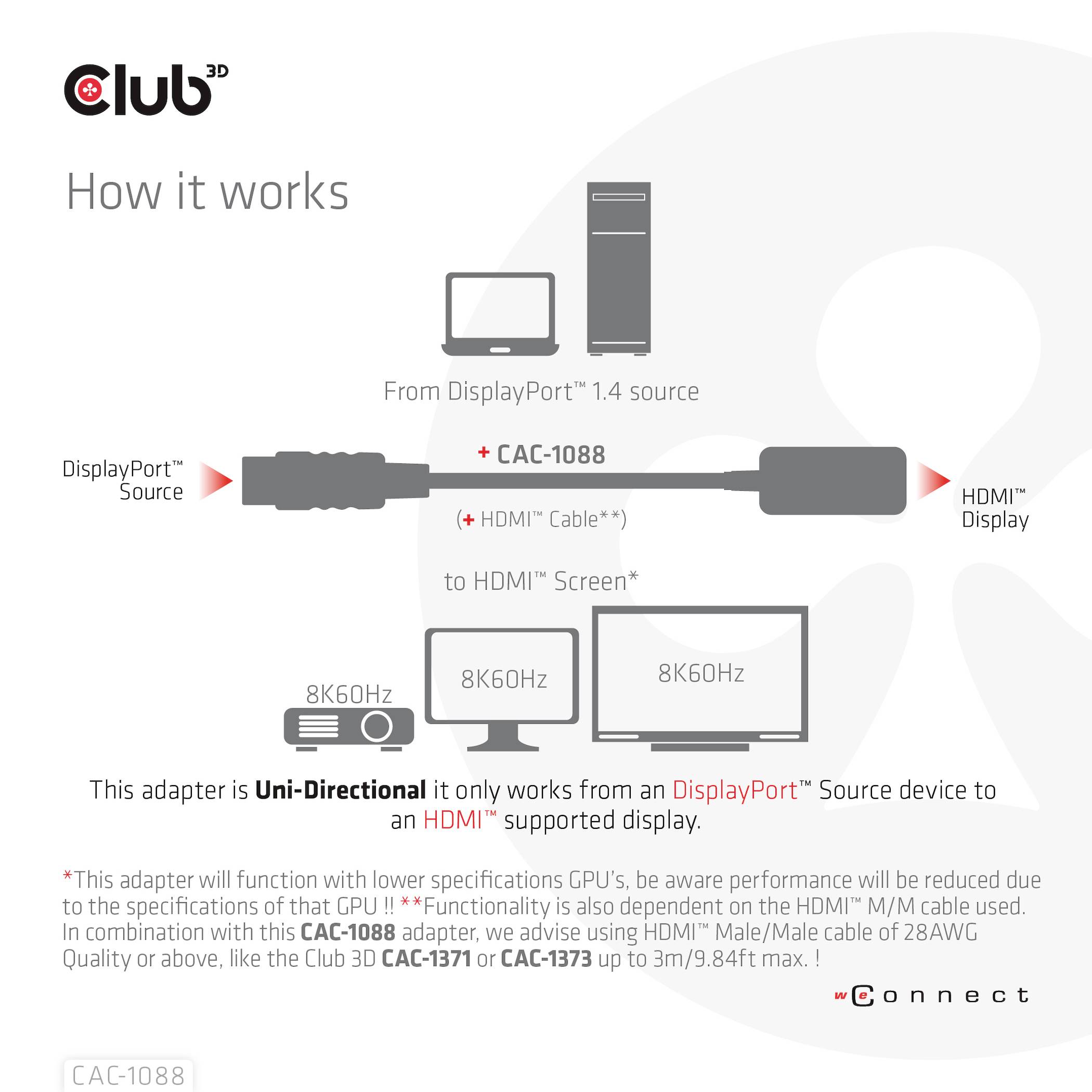 Adaptér CAC-1088 propojuje zdroj DisplayPort s displejem HDMI. Podporuje rozlišení 4K60Hz a 8K60Hz. Funguje pouze jednosměrně z DisplayPort do HDMI.