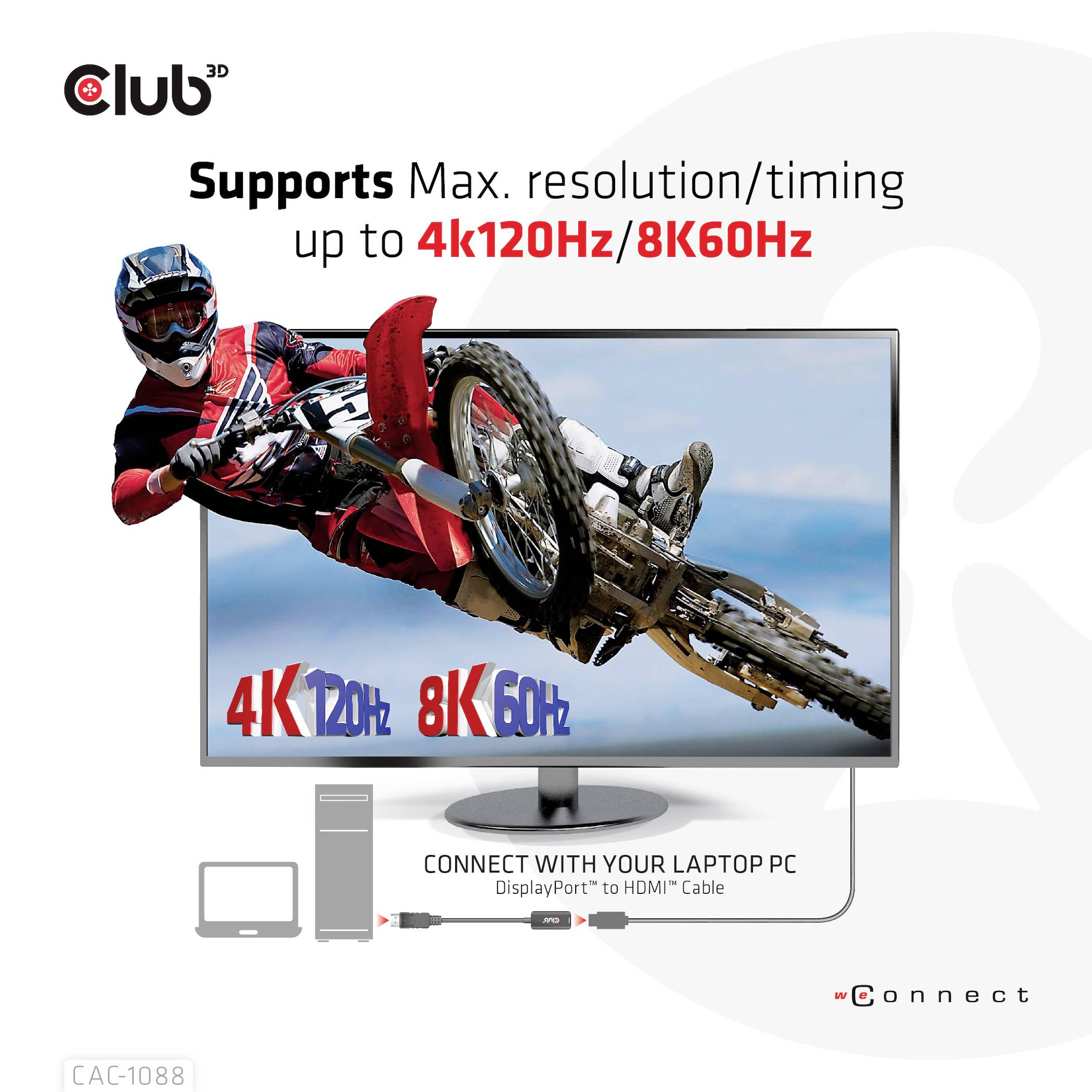 Monitor zobrazuje motokrosového jezdce ve vzduchu. Text: 'Podporuje max. rozlišení/snímkování až 4k120Hz/8k60Hz'. Připojeno k notebooku.
