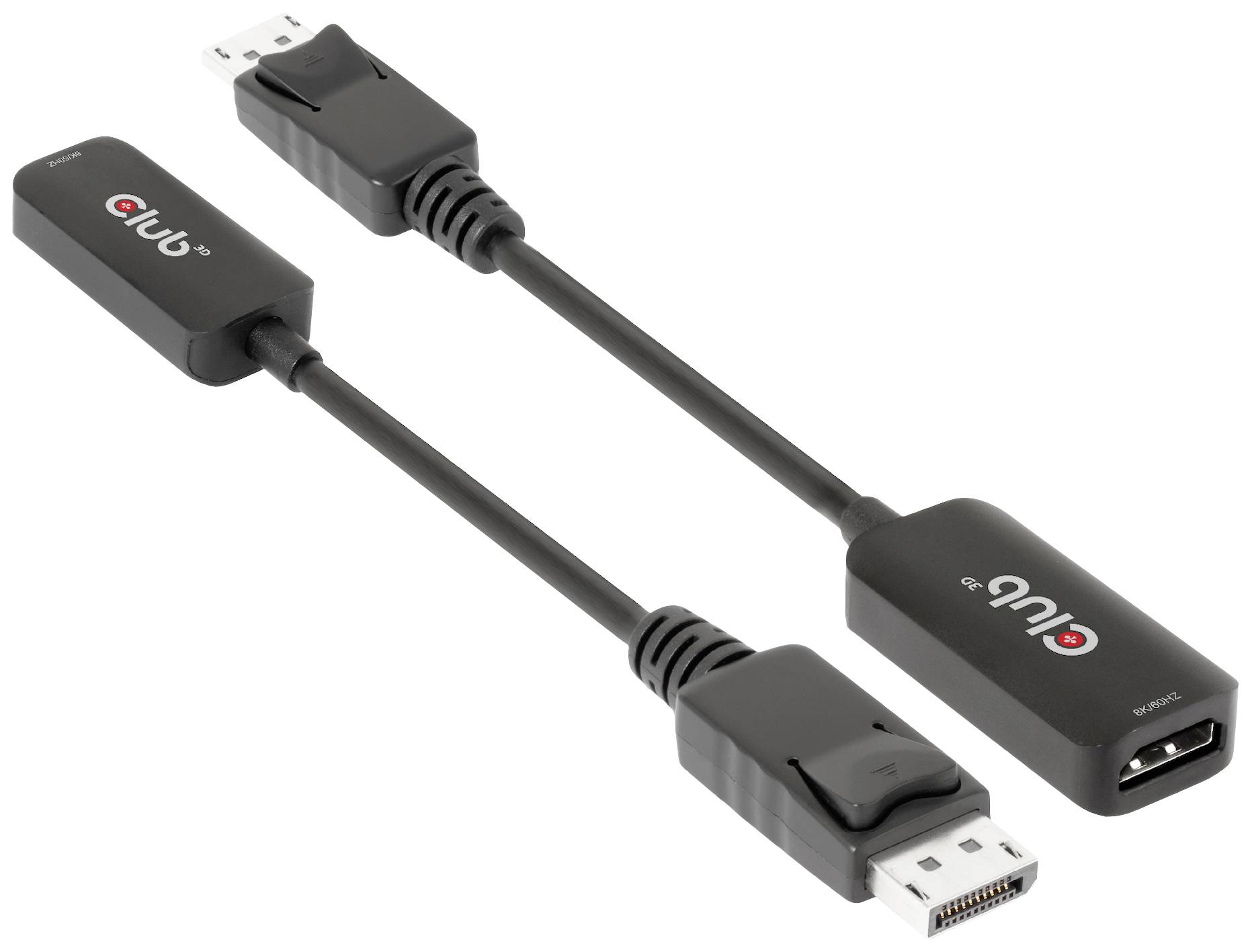 Dva černé adaptérové kabely, jeden s USB a Micro-USB konektory, druhý s HDMI a Mini-DisplayPort konektory.