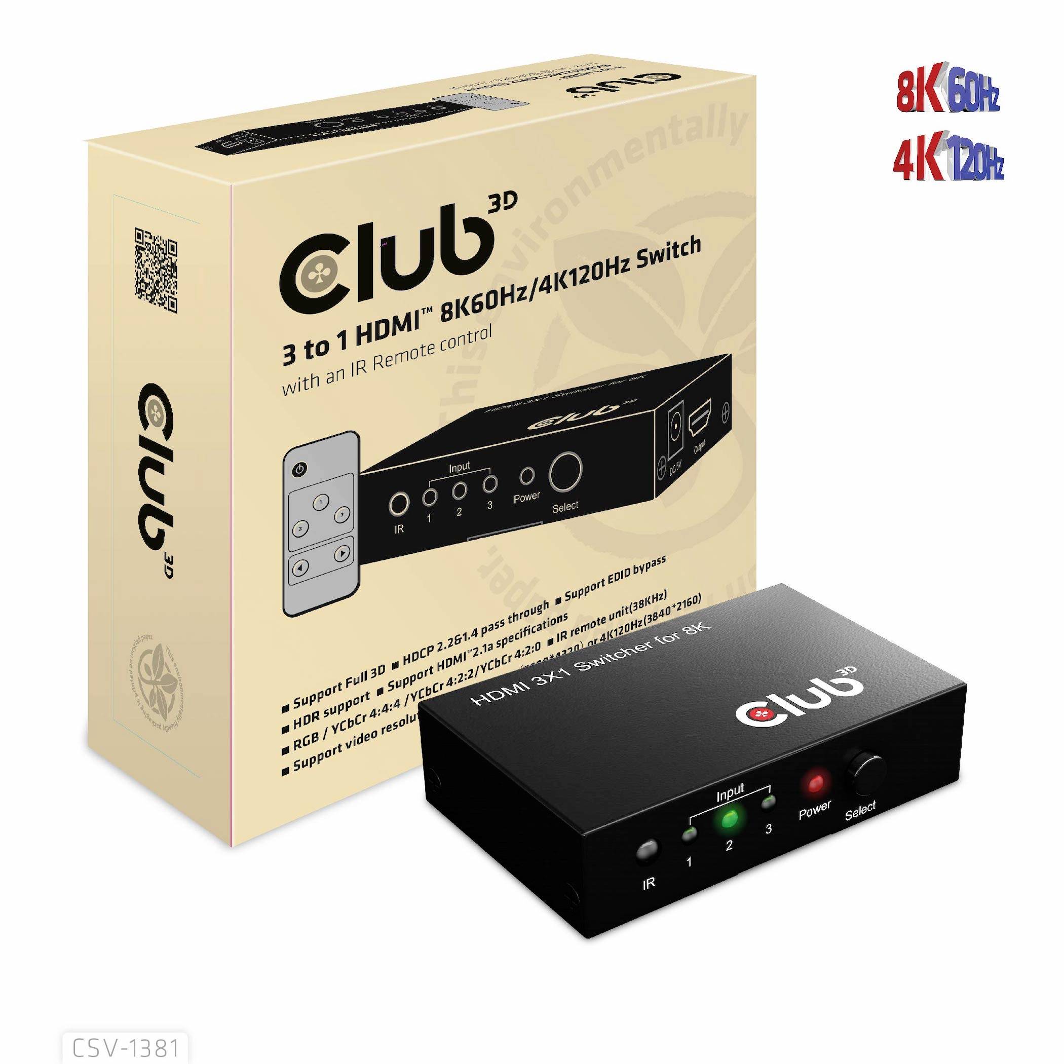 Černý HDMI přepínač od Club 3D se třemi vstupy a jedním výstupem. Podporuje 8K při 60 Hz, 4K při 120 Hz. Obal zobrazuje detaily produktu.