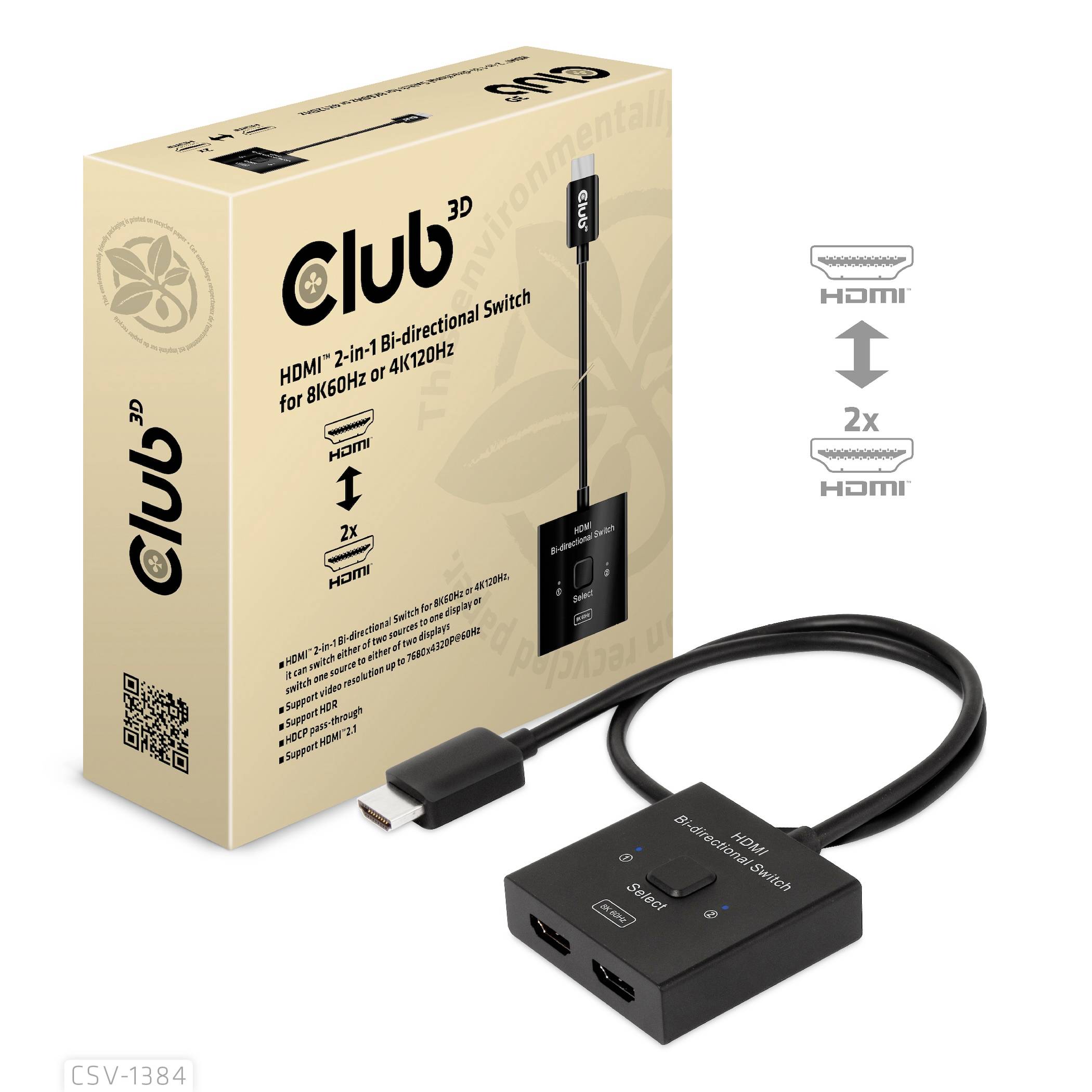 Krabice s popiskou "Club 3D HDMI 2.1 Obousměrný přepínač". Obsahuje přepínač se dvěma HDMI vstupy, jedním HDMI výstupem a kabelem.