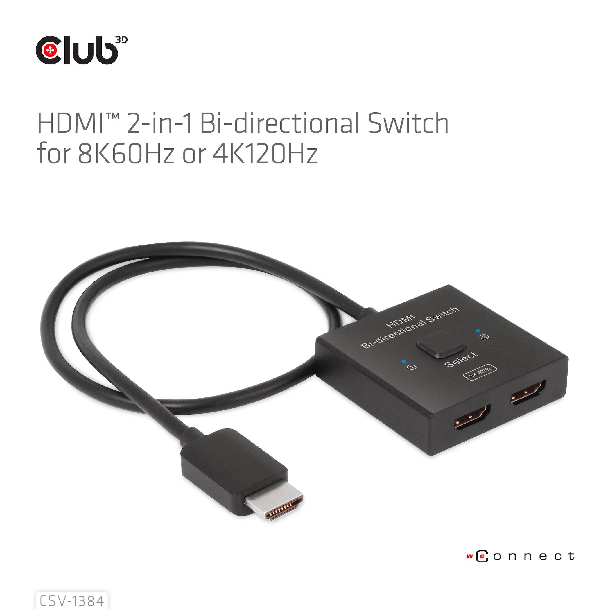 HDMI 2-in-1 obousměrný přepínač, vhodný pro 8K60Hz nebo 4K120Hz, zobrazuje dva HDMI porty a připojovací kabel.