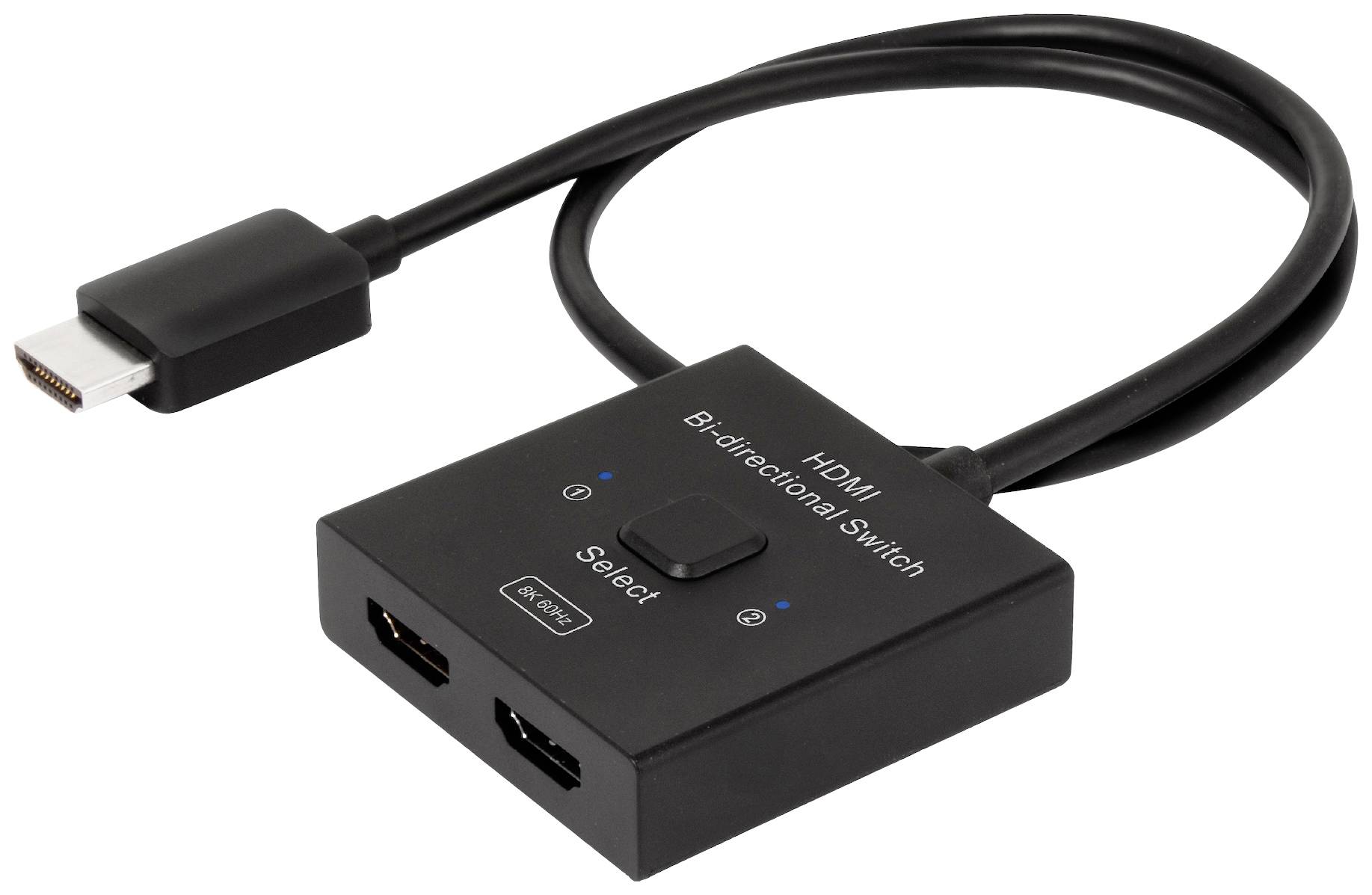 Černý HDMI bidirektivní přepínač s jedním vstupním kabelem a dvěma výstupy, rozpoznatelný podle nápisu "HDMI Bidirectional Switch".
