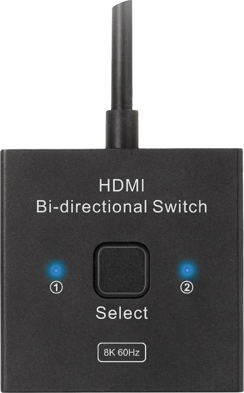 Obousměrný HDMI přepínač s podporou 8K 60Hz. Přepínač umožňuje přepínání mezi dvěma HDMI vstupy.