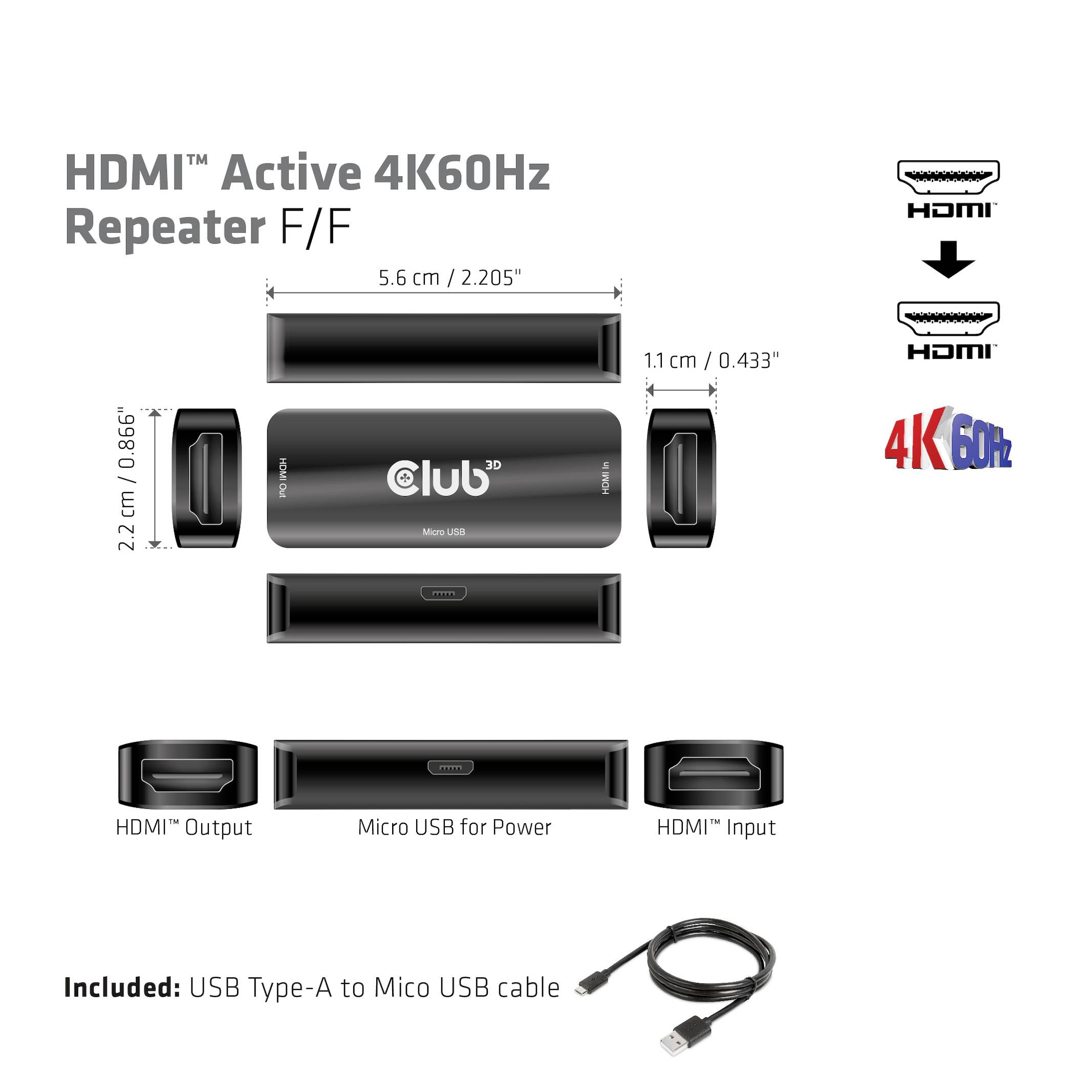 HDMI aktivní opakovač 4K60Hz F/F s rozměry 5,6x2,2x1,1 cm. Obsahuje Micro USB pro napájení, HDMI vstup a výstup. Součástí balení je USB kabel.