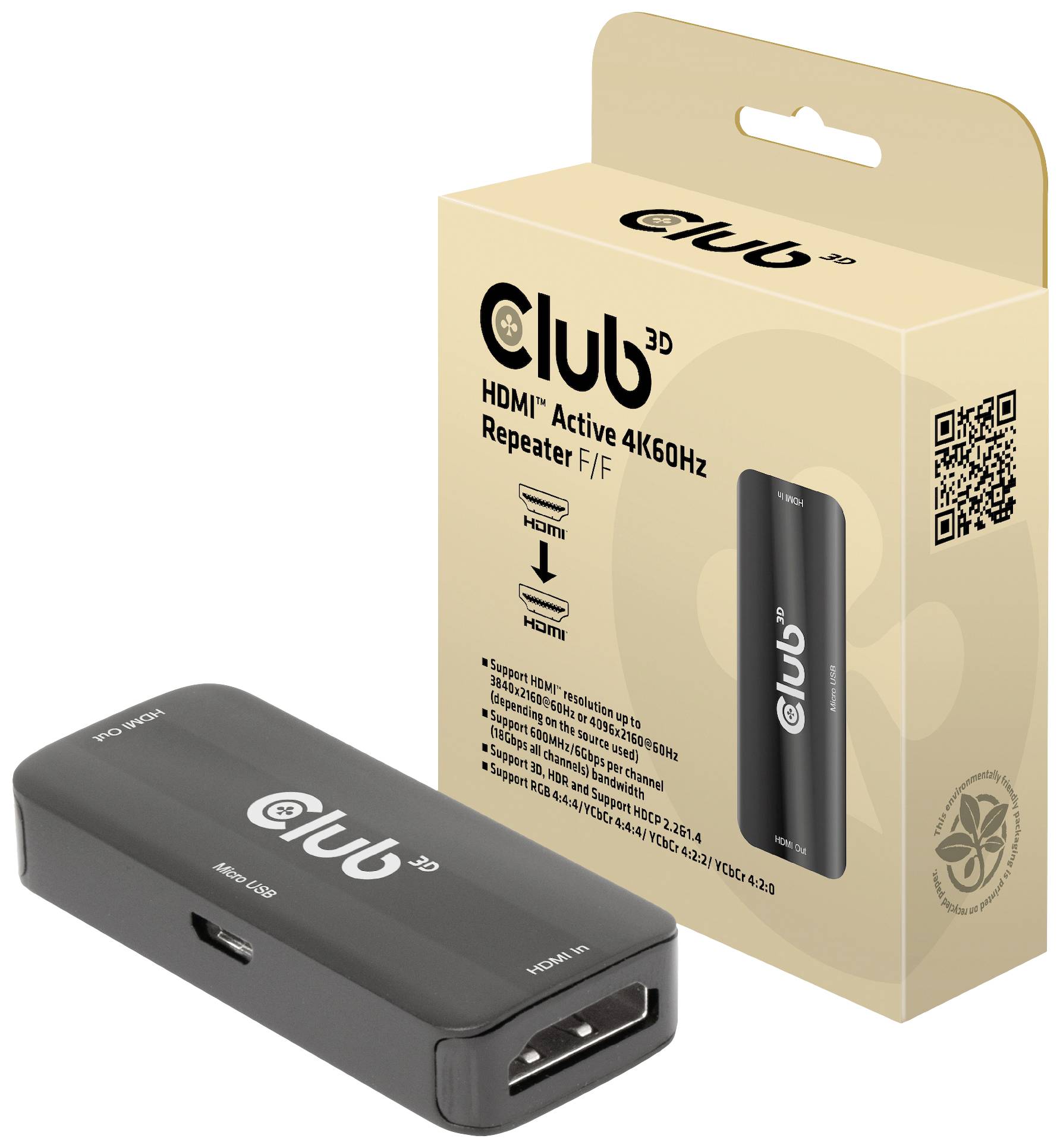 Na obrázku je zobrazen HDMI repeater od společnosti Club3D. Vedle něj je umístěn příslušný obal s logem značky a produktovými informacemi.