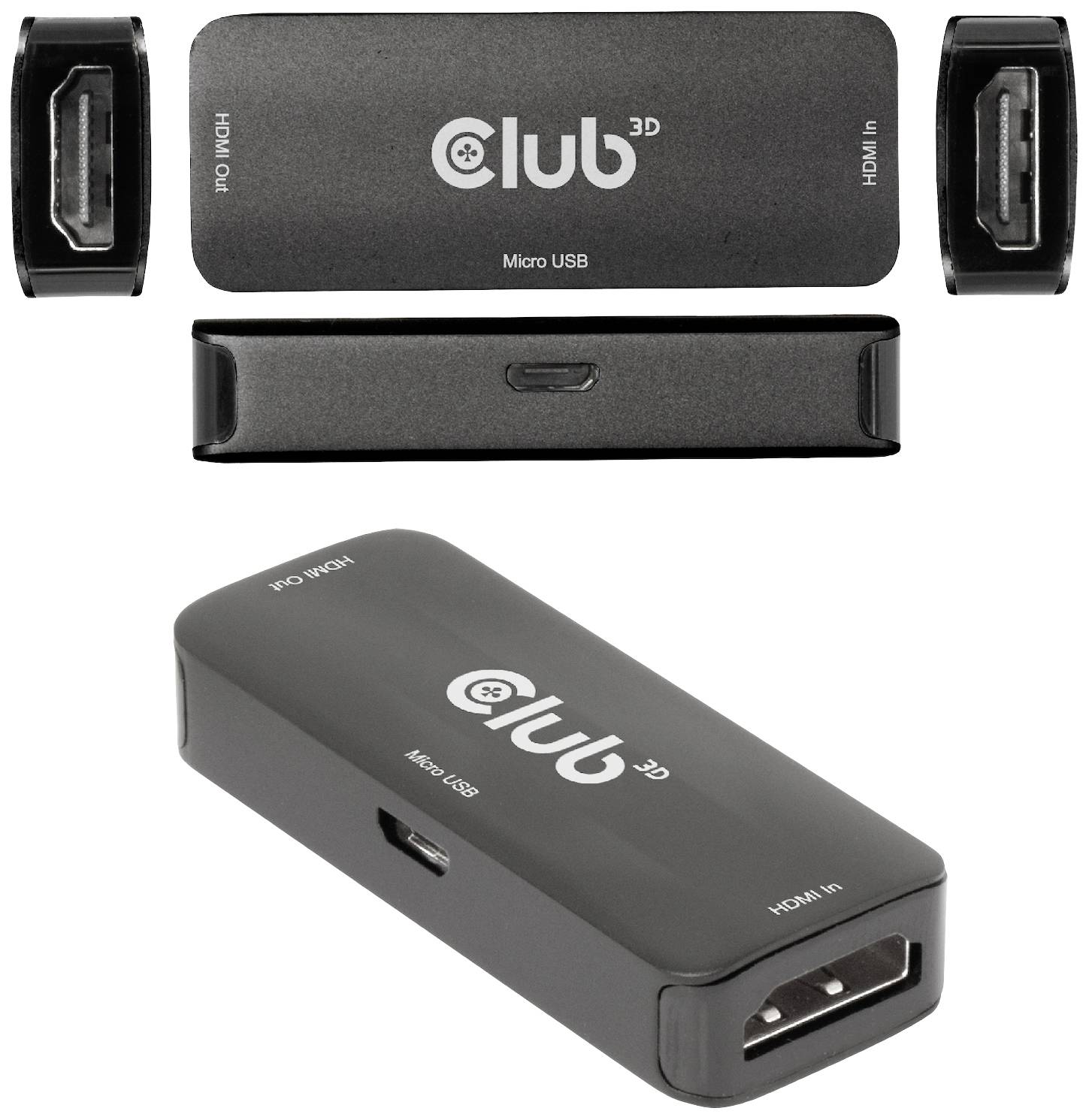 Černý HDMI-Micro USB adaptér od Club 3D, zobrazující konektory a logo značky. Nahoře viditelný HDMI konektor, dole Micro USB konektor.