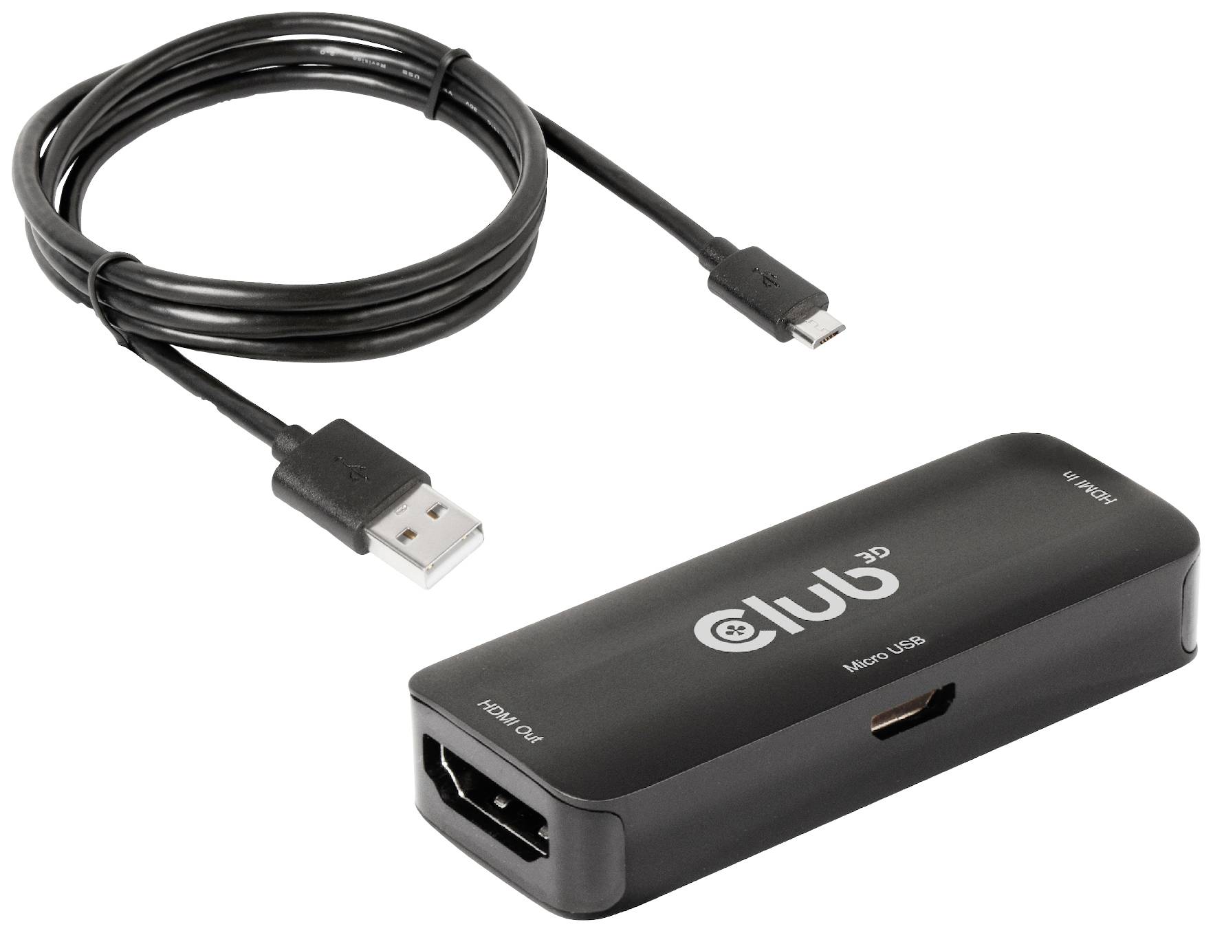 Černý adaptér USB na DisplayPort s připojeným kabelem. Adaptér podporuje převod z USB na DisplayPort.