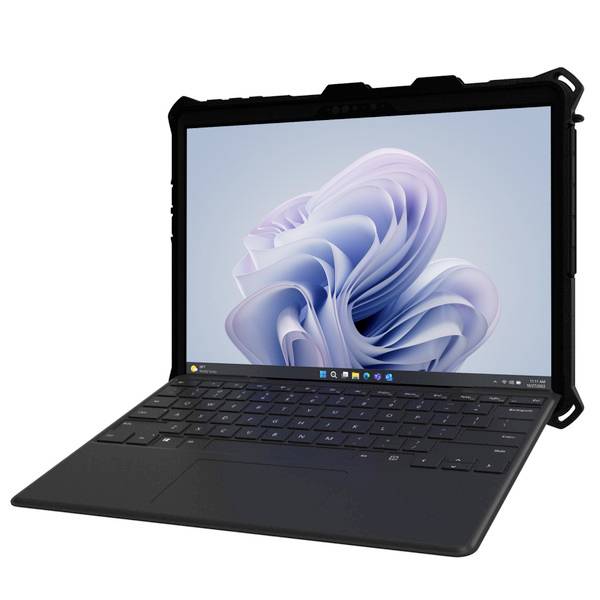 Černý tablet s připojenou klávesnicí zobrazuje na obrazovce stylizovanou grafiku. Dokonalý pro mobilní práci.