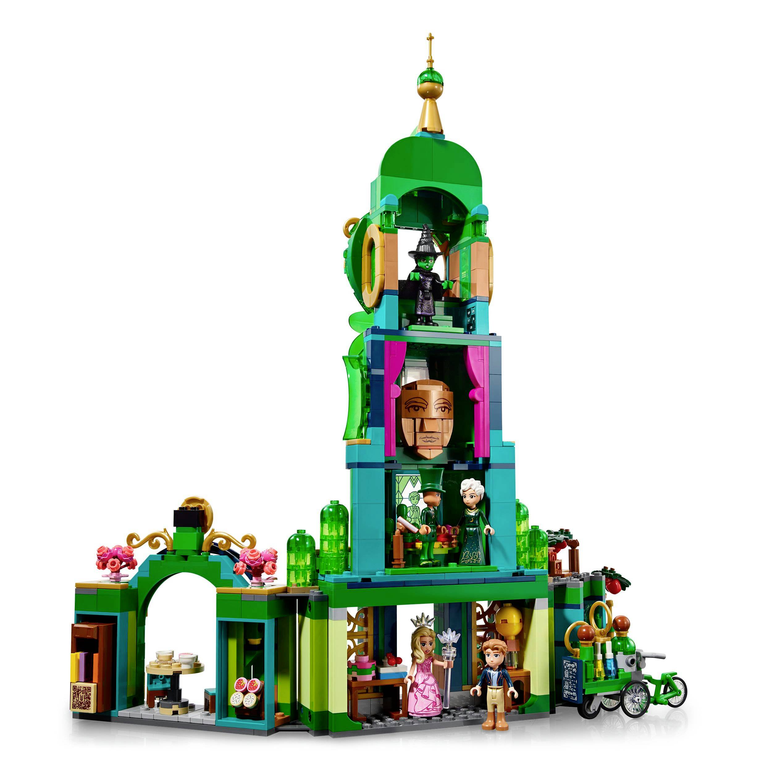 Sada Lego zobrazuje vícepatrovou budovu v zeleno-zlatých barvách s charakteristickými postavami a detaily z příběhu Čaroděje oz.