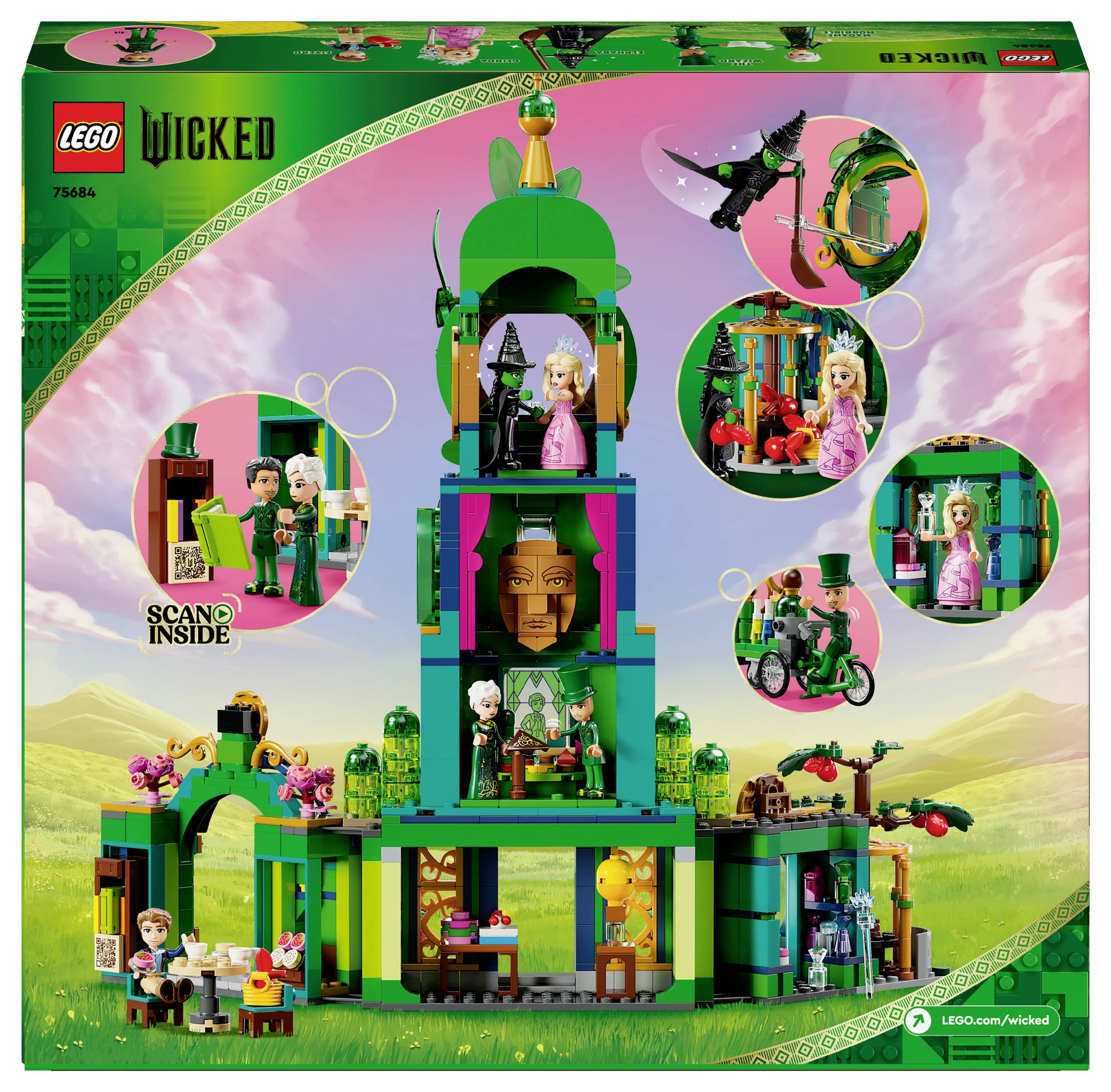 LEGO sada s motivem 'Wicked': Zelená budova s věží, figurky jako čarodějnice a lev, v krajině. Prvky z muzikálu 'Wicked'.