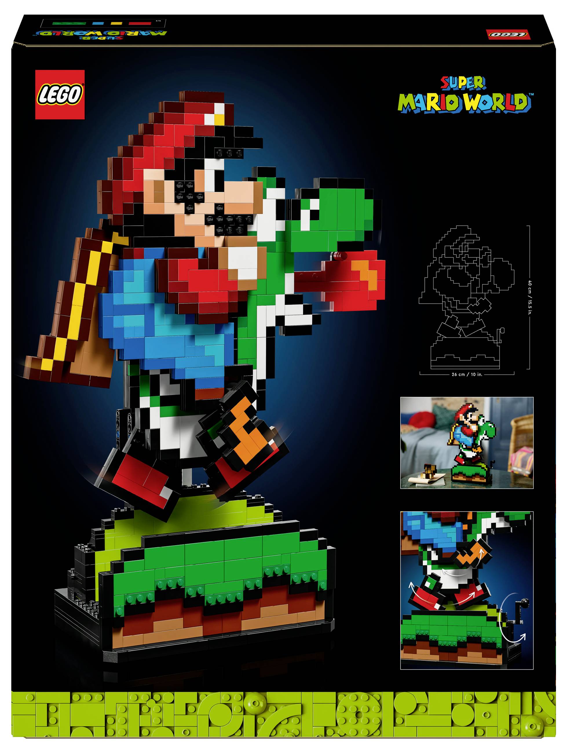 LEGO stavebnice s Mariem a Yoshim z 'Super Mario World' na zelené plošině. Trojrozměrný pixelový vzhled. Obal ukazuje stavební kroky.